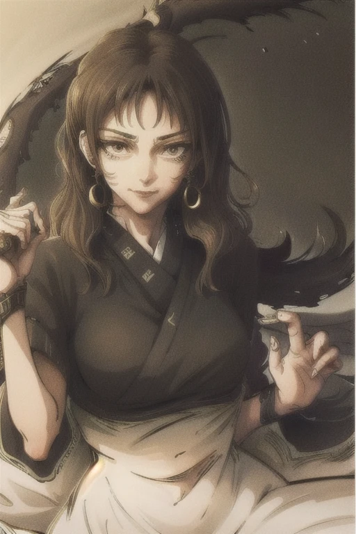 ((best quality)), ((masterpiece)), (detailed), perfect face, full body,fighting_stance, cursed energy. looking at viewer,smile,nudef, brown hair, brown eyes, long hair, looking at viewer, solo, upper body, closed mouth, small breasts, kimono, fighting, red cursed energy, determined look
