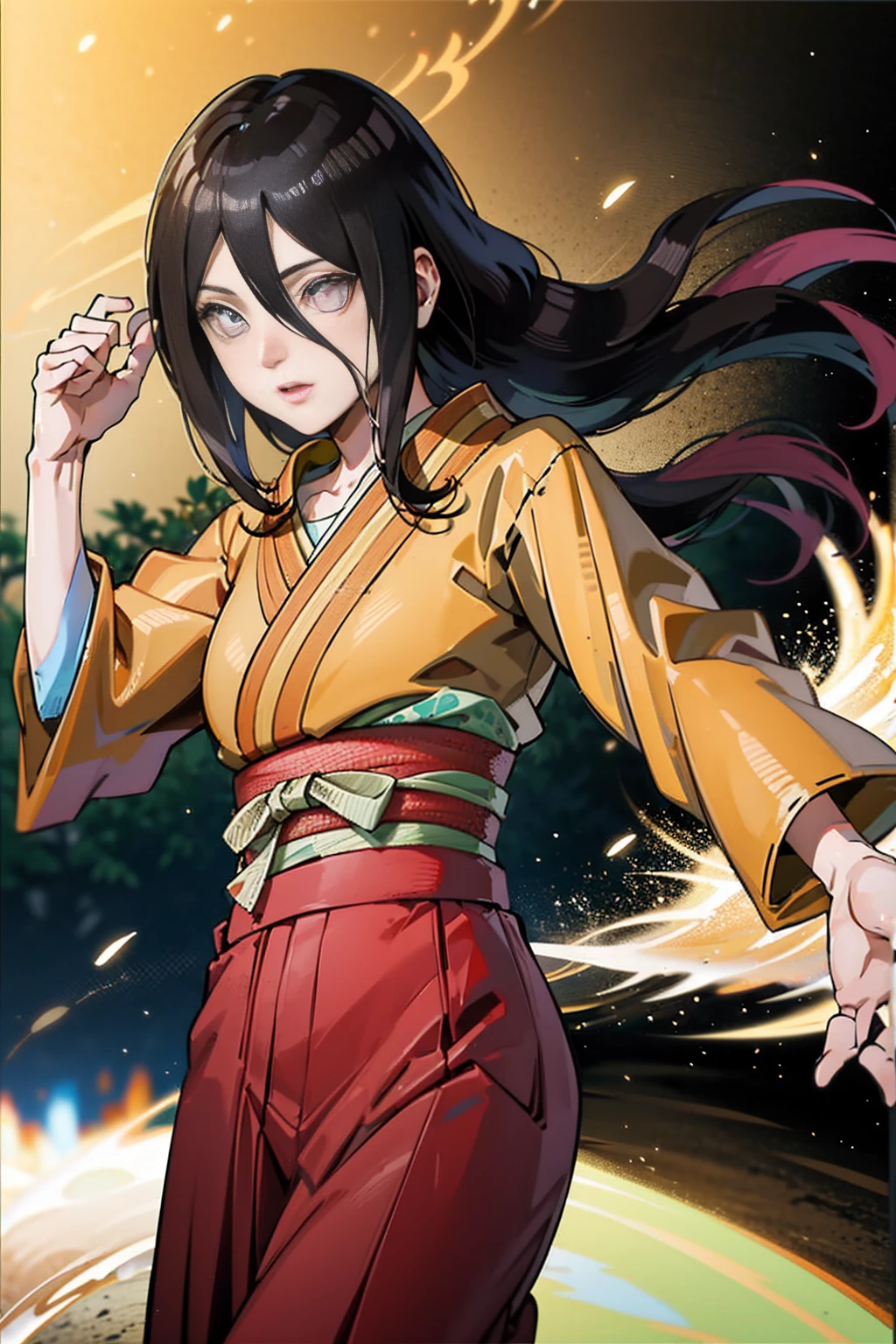 tmasterpiece, hoang lap , (Complicated details), (rich colourful), movie lighting, bust, the Extremely Detailed CG Unity 8K Wallpapers , Hinata flower ratio, 1girll, solo, orange kimono, Red hakama skirt, obi strip, Wide sleeves, looking at viewert, ventania, Combat posture, Low hair tied long,dinamic poses