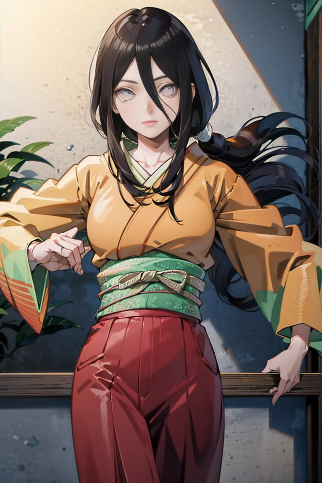 tmasterpiece, hoang lap , (Complicated details), (rich colourful), movie lighting, bust, the Extremely Detailed CG Unity 8K Wallpapers , Hinata flower ratio, 1girll, solo, orange kimono, Red hakama skirt, obi strip, Wide sleeves, looking at viewert, ventania, Combat posture, Low hair tied long,dinamic poses