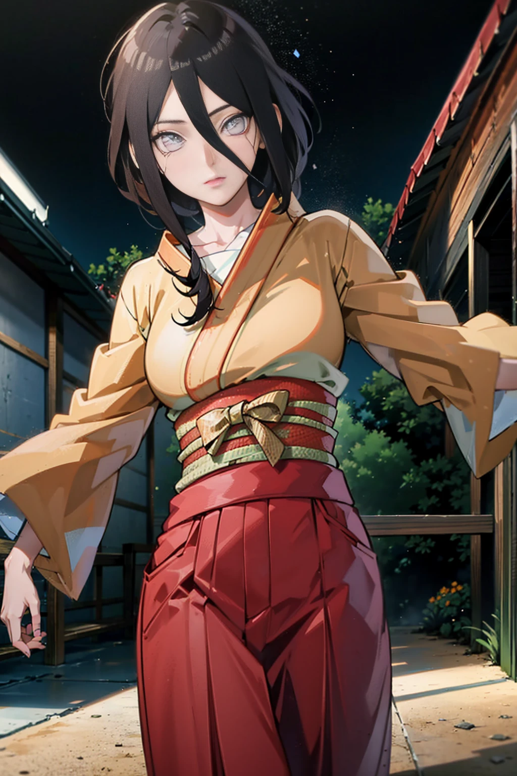 tmasterpiece， hoang lap ， （Complicated details）， （rich colourful）， movie lighting， bust， the Extremely Detailed CG Unity 8K Wallpapers ， Hinata flower ratio， 1girll， solo， orange kimono， Red hakama skirt， obi strip， Wide sleeves， looking at viewert， ventania， Combat posture， Low hair tied long，dinamic poses