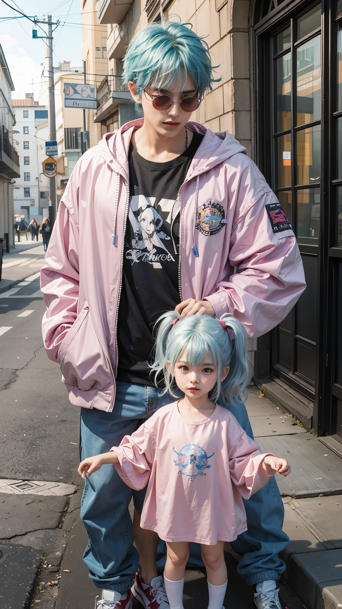hay un hombre y una persona de pie en la acera, obra de arte al estilo de guweiz, estilo animado 4 k, frank franzzeta y sakimichan, estilo animado. 8K, obra de arte oficial hdr, estilo anime realista 3d, arte digital del anime cyberpunk, digital anime illustration, Beeple y Jeremías Ketner, loish y ross tran