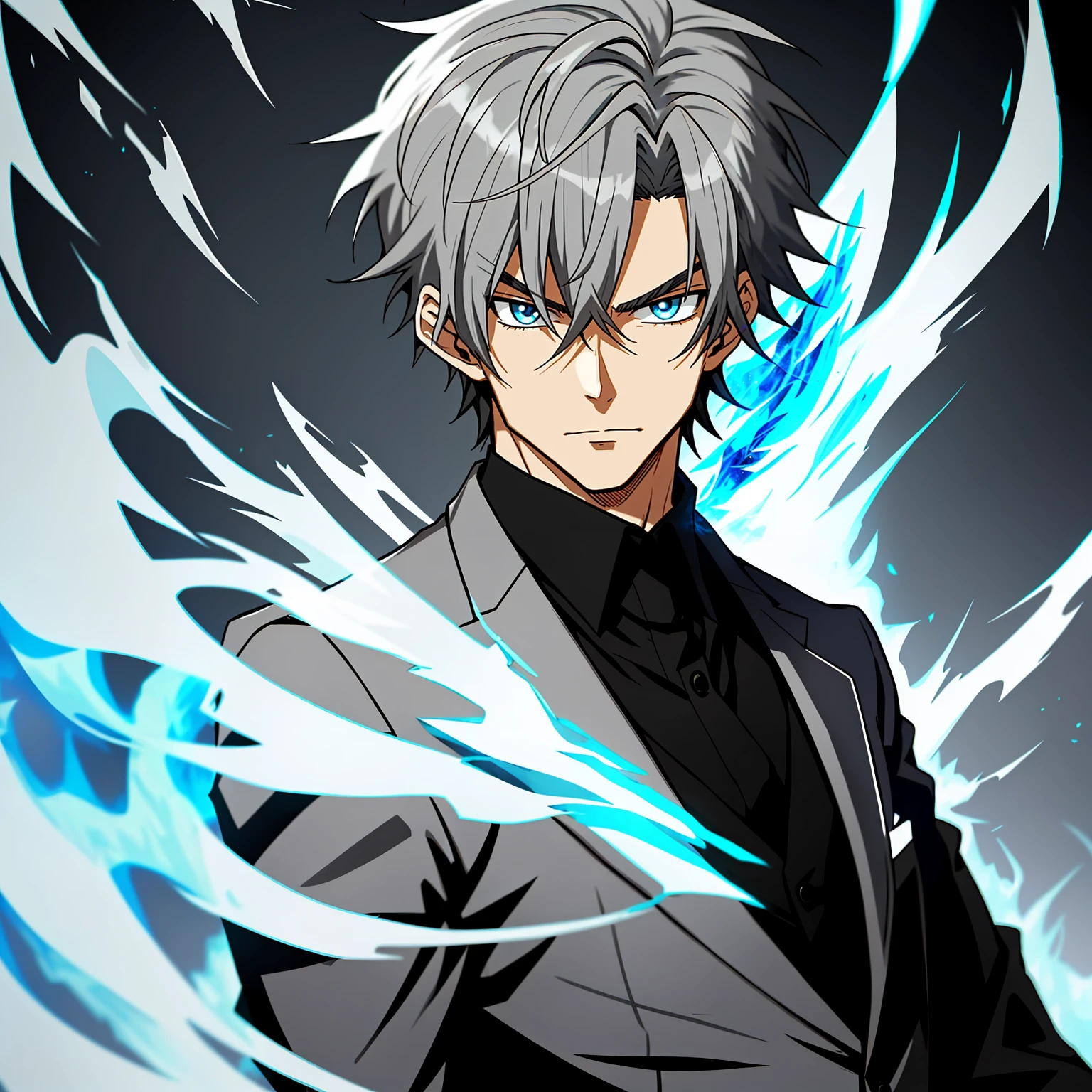 Short silver-gray hair、wearing black suit,Blue flame background,Male anime characters