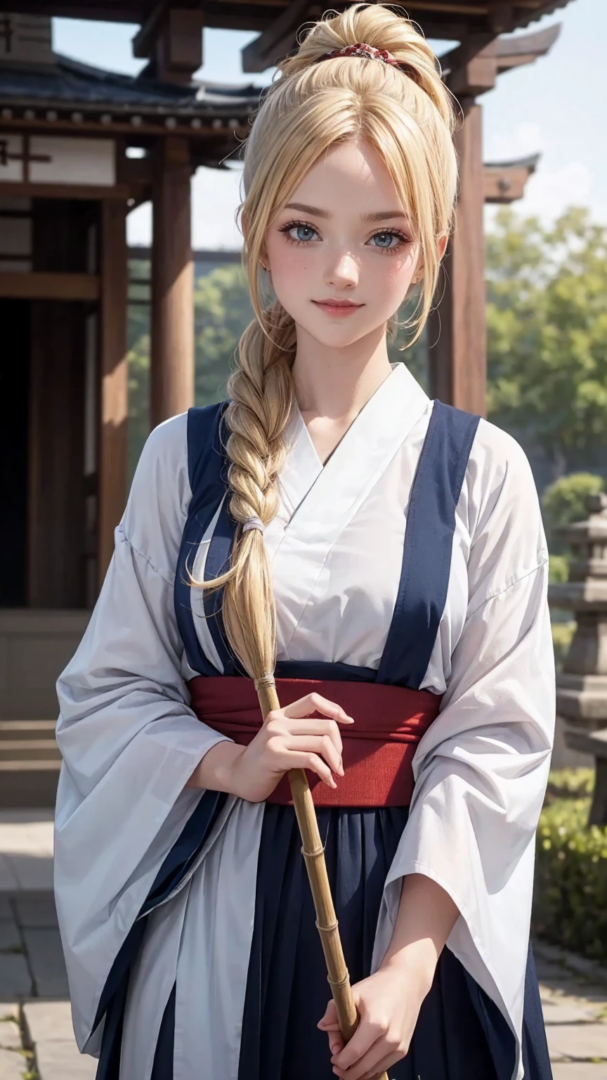 blonde hair, gradient hair, hair over shoulder, hair behind ear, longeyelashes, light smile, Surrealism, depth of field, atmospheric perspective, foreshortening, UHD, anatomically correct, highres, 16k、 ((最high quality, 8K, masterpiece: 1.3, Ultra HD, high quality, 最high quality, High resolution, realism)) 、(high color saturation:1.0), (highly detailed skin), (最high quality:1.0), (超High resolution:1.0) ,(realistic:1.0), (Super detailed:1.0), (8K, Raw photo:1.1), slender、Slender, muscular body that&#39;s toned like an athlete&#39;s、I don&#39;t want my head to disappear from the screen.、25 year old white woman、shiny hair、Her hair color is blonde.、blue eyes、long hair、hair above one eye、smile、On the approach to a Japanese shrine、She is a shrine maiden.、Sweeping the grounds with a bamboo broom、Grinning ((light smile))、split ponytail, 8k