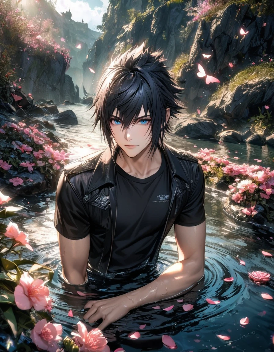 Ultra detailed, Highres, absurdres, HDR, Noctis Lucis Caelum, black hair, blue eyes, Final Fantasy XV, flowers and pink petals, pink butterflies, water, extremely handsome, 1 man only, black t-shirt, black jacket, black pants