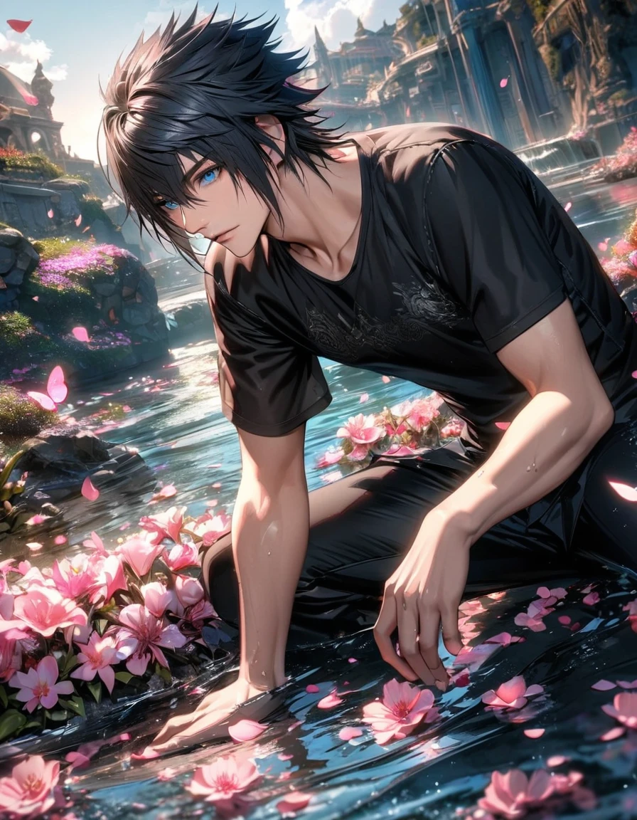 Ultra detailed, Highres, absurdres, HDR, Noctis Lucis Caelum, black hair, blue eyes, Final Fantasy XV, flowers and pink petals, pink butterflies, water, extremely handsome, 1 man only, black t-shirt, black jacket, black pants