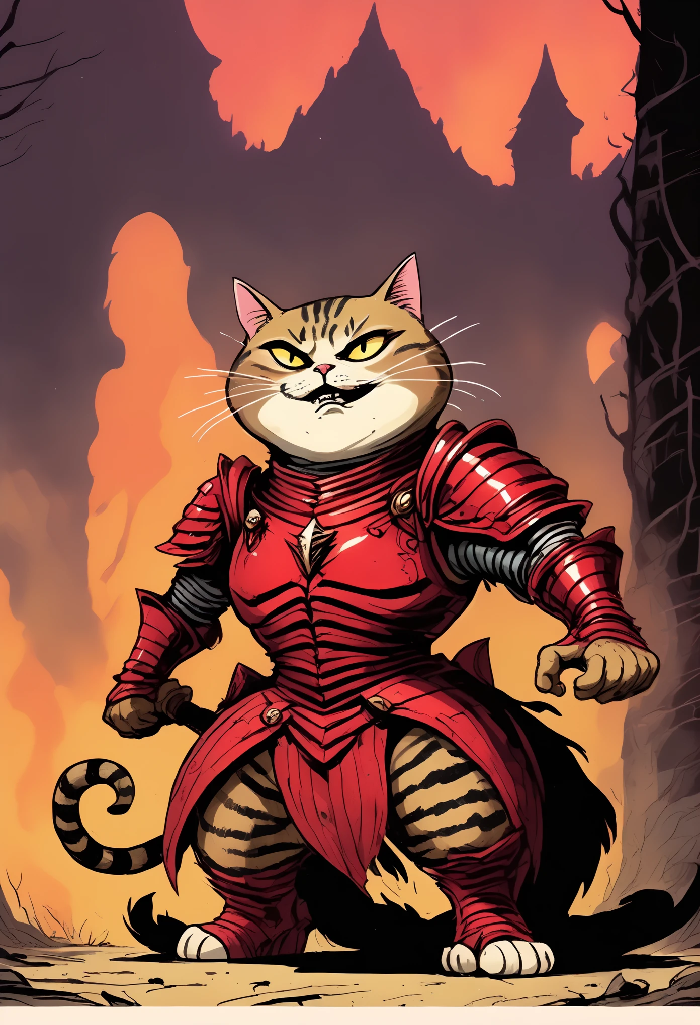 illustrate hyper maximal, intense, strange, a wordless, single image with unhinged, ridiculous, cartoonish, excessive, contorted, skewen hilarity postmeme expression, visually hilarious, cohesive, conveying overwhelming joy, overjoyed, cel animation, distorted contorted proportions of rotoscoped Tabby chonky cat wearing crimson knight armor outfit in expressive John Kricfalusi hand drawn art style, with threatening aura, disgustingly cool, vile boogie dancing, spooky, skewed,
