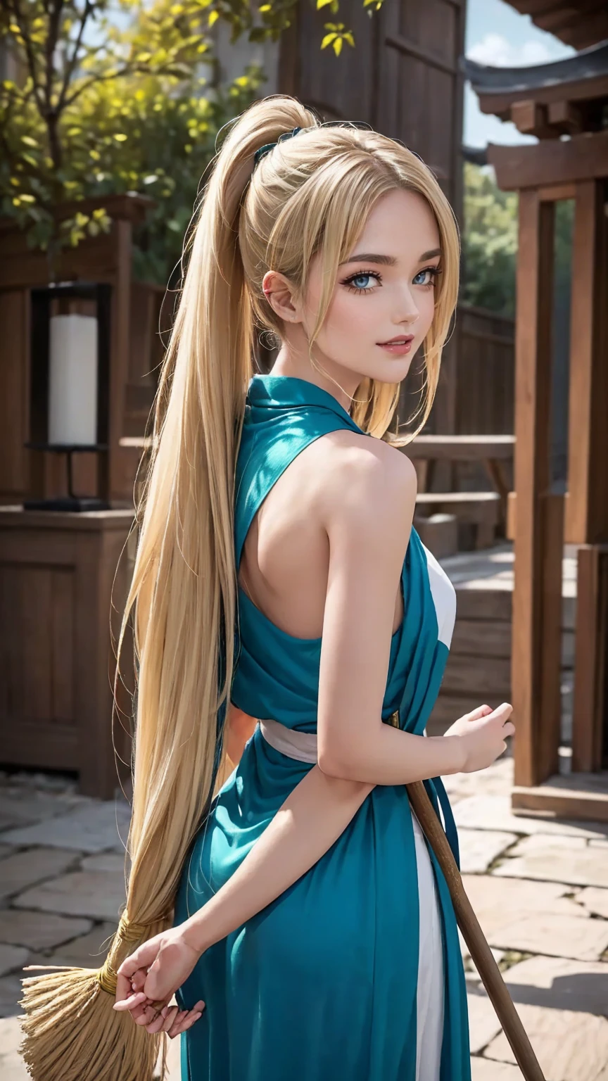 blonde hair, gradient hair, hair over shoulder, hair behind ear, longeyelashes, light smile, Surrealism, depth of field, atmospheric perspective, foreshortening, UHD, anatomically correct, highres, 16k、 ((最high quality, 8K, masterpiece: 1.3, Ultra HD, high quality, 最high quality, High resolution, realism)) 、(high color saturation:1.0), (highly detailed skin), (最high quality:1.0), (超High resolution:1.0) ,(realistic:1.0), (Super detailed:1.0), (8K, Raw photo:1.1), slender、Slender, muscular body that's toned like an athlete's、I don't want my head to disappear from the screen.、25 year old white woman、shiny hair、Her hair color is blonde.、blue eyes、long hair、hair above one eye、smile、On the approach to a Japanese shrine、She is a shrine maiden.、Sweeping the grounds with a bamboo broom、Grinning ((light smile))、split ponytail, 8k