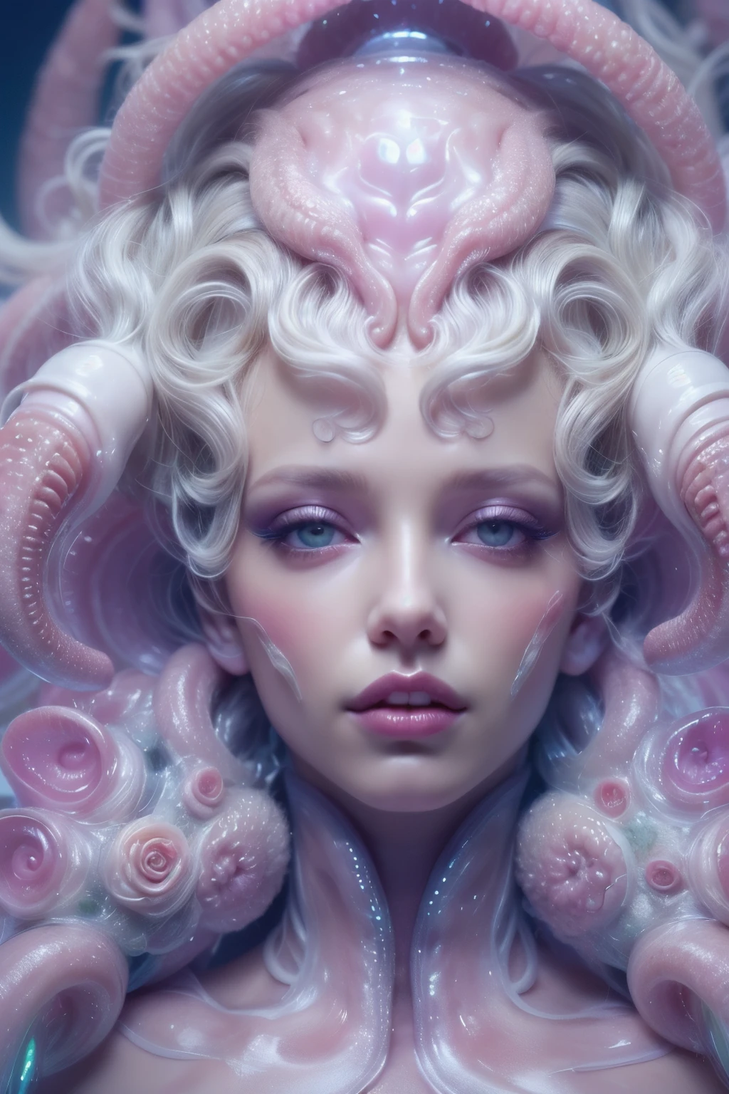 (Portrait of a beautiful and lewd female alien in deep sea water, Who are the young teenagers?:1.4), ((There is a female genital-like organ in the middle of the forehead.:1.8)), (realistic face:1.2), (Number of award-winning masterpieces々, incredibly detailed, Texture and maximum detail), art photography, midnight aura, unreal engine 5, super sharp focus, art by Amano Yoshitaka, art germ, Reusch, intricate artwork, ultra realistic realism, High resolution, High freshness, draw faithfully, official art, unity 8k wallpaper, ultra detailed art photography, dream-like, fantasy creation, dream snail, (biopunk nautilus:1.3),thrilling color scheme, smile seductively, amazing mutation, well-proportioned body, goddess of the deep sea, fractal, Geometric pattern, impossible numbers, (Translucent white tentacles with light-emitting organs:1.4), Subtle emerald green accents, (smile seductively:1.3),(she has the most beautiful face in the history of the universe:1.5), Penelope Cruz, (She looks down at the viewer with glowing, pupil-less, iridescent eyes.:1.3), an evil gaze that seduces, cinematic lighting, (From between your pretty lips、His long canines, like a vampire&#39;s, are visible.:1.3), in the palace hall, A sweet sigh leaks from your beautiful lips, ecstatic expression