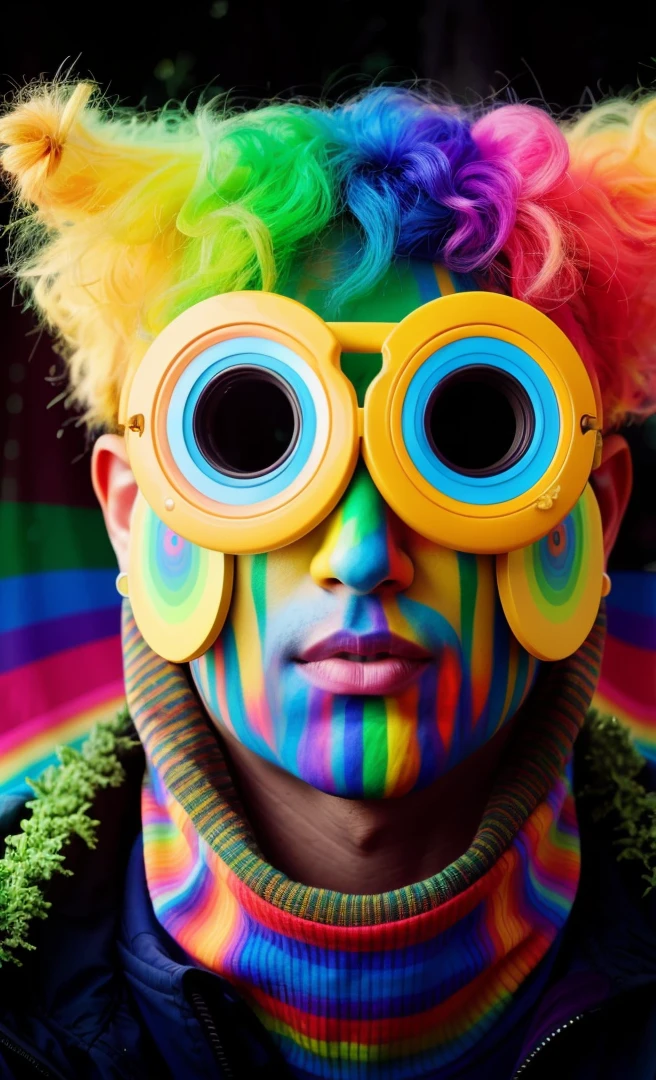 brightly colored man with glasses and a rainbow and tie-dye hair, foto colorida, ultrarealista, realista,colorida image, tecnicolor!!!, colorido, colorida, retrato cores felizes, tecnicolor, imagem colorida, tecnicolor 1, hiper colorido, realistic foto coloridagraphy, colorido, coloridoy, cores vivas e vibrantes, !!! fotografia colorida, 4k color photo portrait, extremely colorida