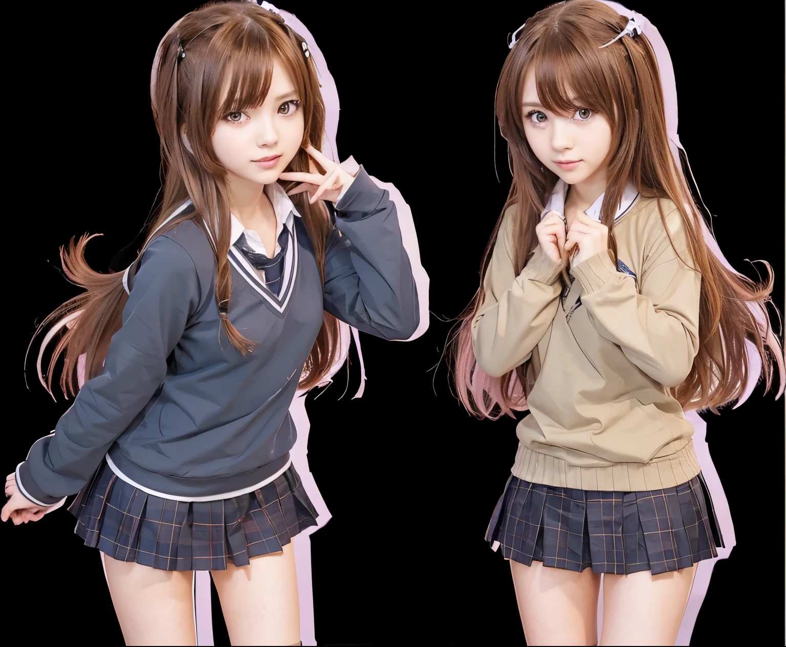 anime characters in school uniforms standing next to each other, ecchi anime style,  two beautiful anime girls, identical twin sisters, twins, brown hair