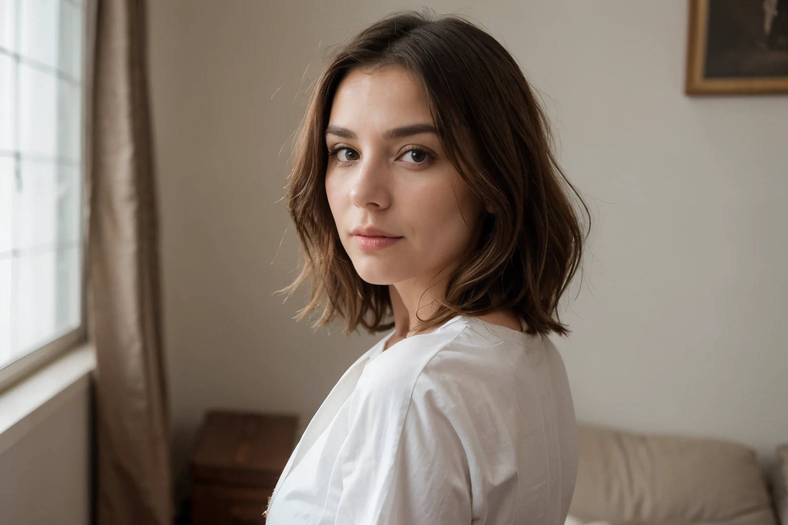 A photograph of a woman in her 30s, vestida con ropa blanca sentada de espaldas en una habitacion, en la imagen no sale su cara, solo su cabello color marron un poco ondulado y mediano