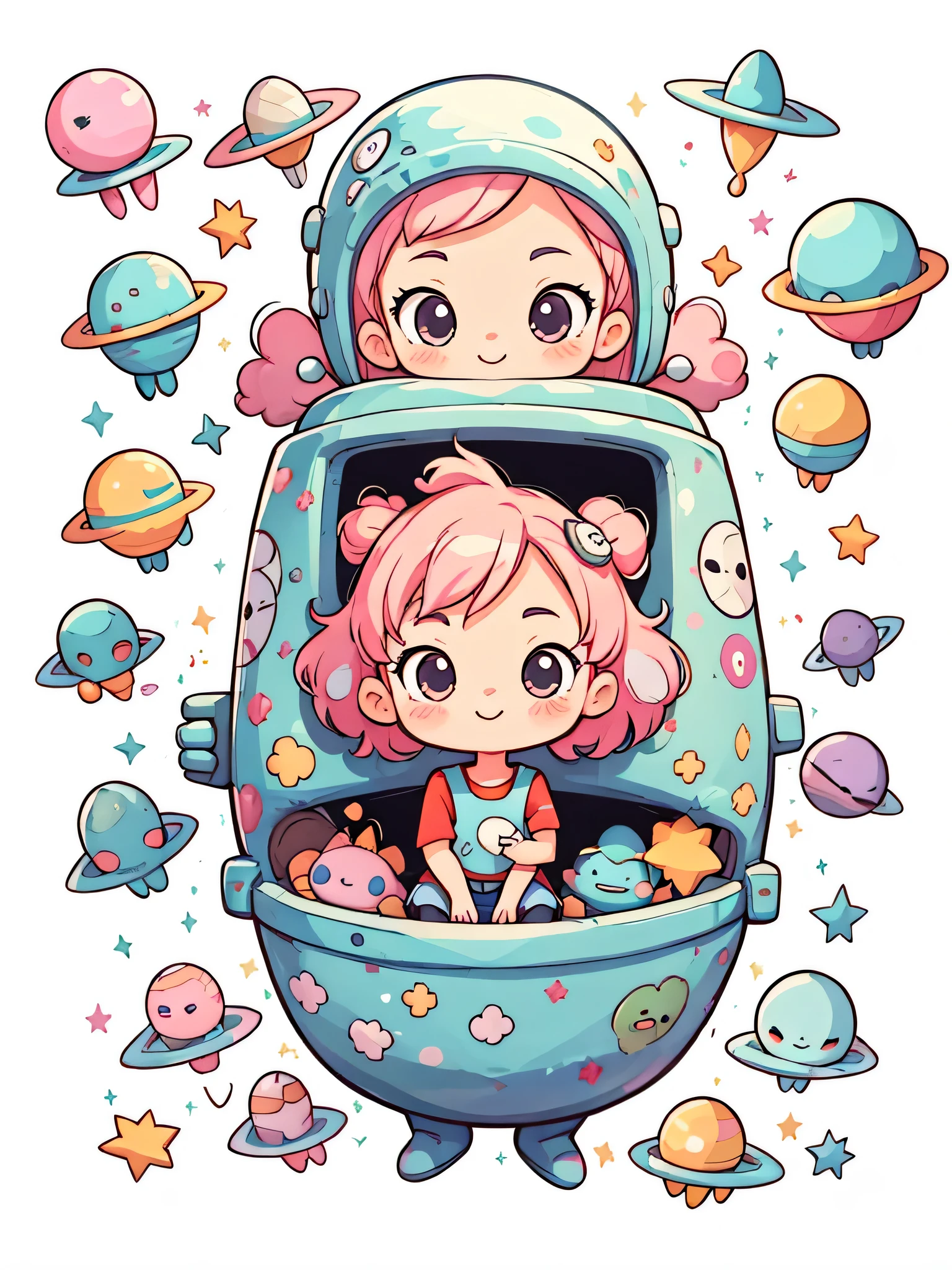 akira toriyama style、Stylish design,1 girl,(((Chibi)))、The background is space,pink hair,bob hair,best smile、cute alien