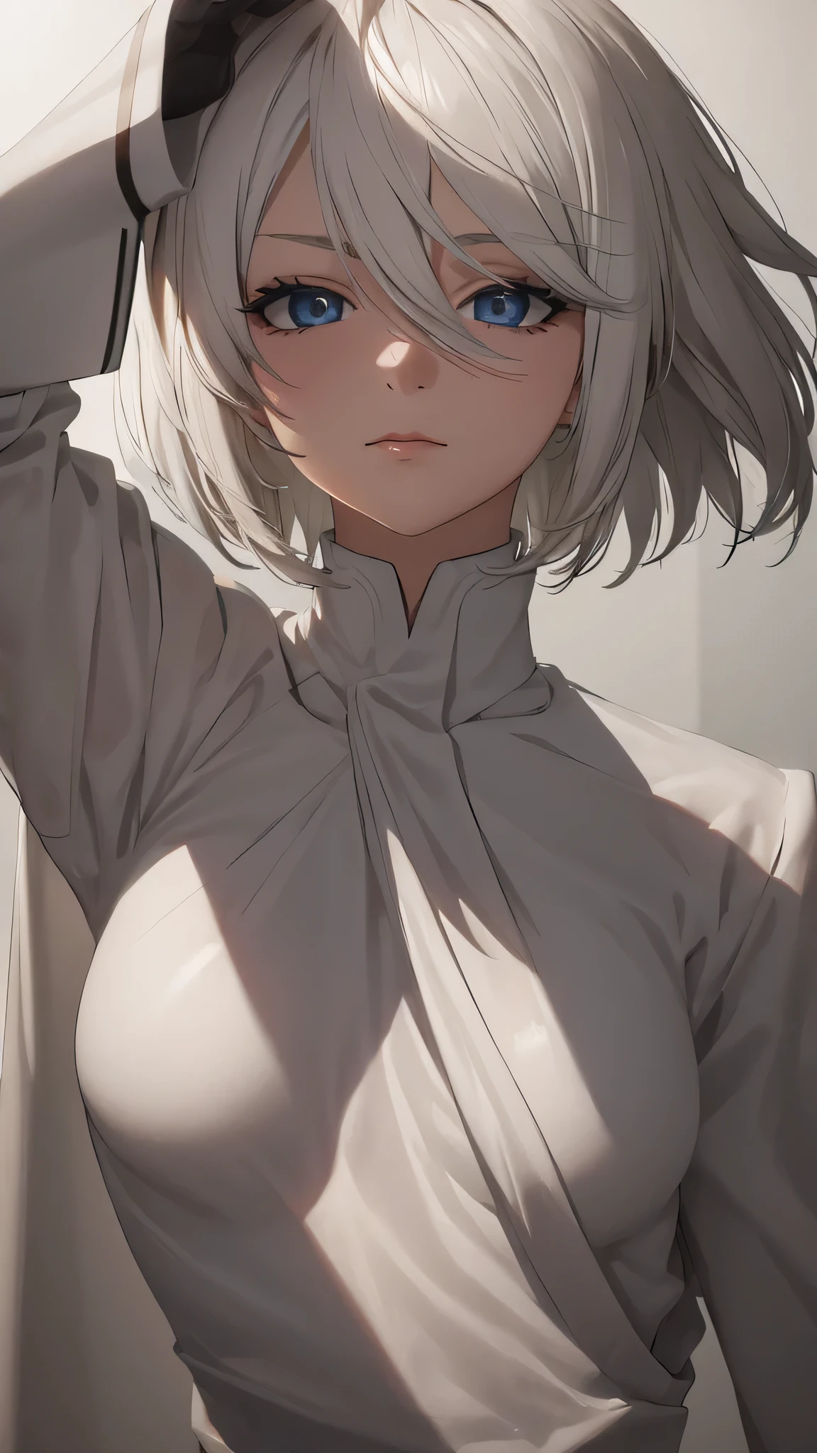 extremely detailed CG unity 8k wallpaper), (masterpiece), (best quality), (ultra-detailed), (best illustration), (best shadow), (absurdres) ,(detailed eyes), 2b, 1girl, short hair, white hair, solo, Intimidating women, admiral uniform, night, hero pose, white clothes, General Uniform, Military Uniform, Sunlight, exposed to sunlight,commander, fighting pose, wearing cape