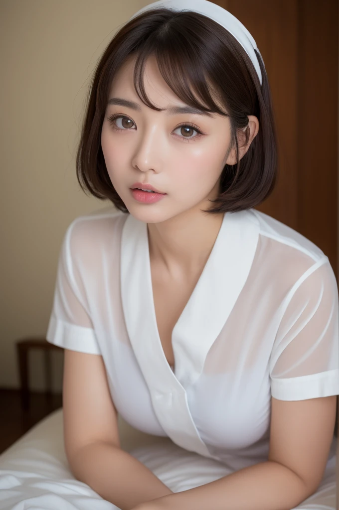 (highest quality、8K、32k、masterpiece、UHD:1.2)、photo of cute japanese woman、1 girl、(dark brown medium short hair)、Put out a huge tit、double eyelid、Take off your white nurse uniform、little white nurse (cap) 、White sheer underwear、full body、Showing off her sexy big ass、Crotch cleft、troubled face
