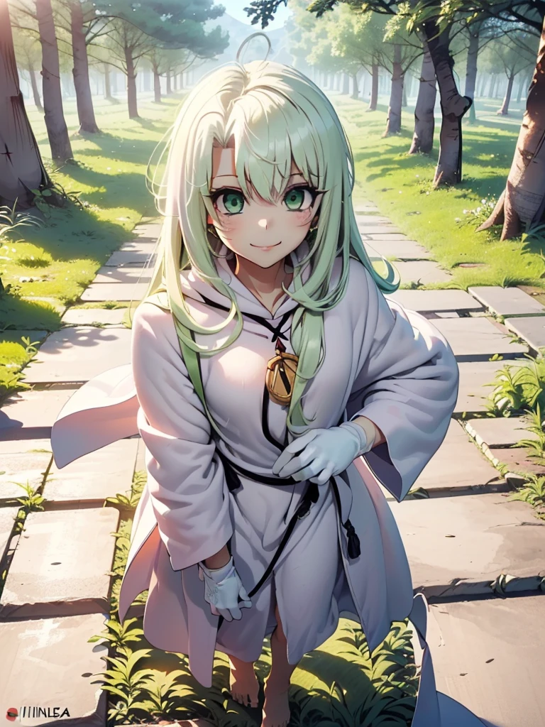 gran calidad ++ Extremely detailed high resolusionolution, very aesthetic, ojos expresivos, (((Cara perfecta))), (((face symmetrical))), ((good anatomy)), (((manos perfectas))), (((8k))), UHD, Fondo de pantalla HD, (((alta calidra detallada, (((((1girl)))))), solamente, Obra maestra, La mejor calidad, high resolusion, Altamente detallado, (illustration), hermosos ojos detallados, (((combatant))), (((((1girl))))), ((((cuerpo completo)))), (((((((illyasviel von einzbern)))))), (((green hair))), (((((white robe))))), (((barefoot))), side cutout, Cabello largo y ondulado, (((green eyes))), (((long gloves))), (((Dedos detallados))), (((Smile))), (((asymmetrical body))), (((asymmetrical hair))), (((asymmetrical clothes))), Dedos precisos, Manos no antinaturales, strange eye, columnas griegas, exterior, (((hermoso bosque majestuoso))), hojas de parra rodeando las columnas, (((arbustos de flores por todas partes))), cielo despejado, bright sunny day, (((bosque celestial))),