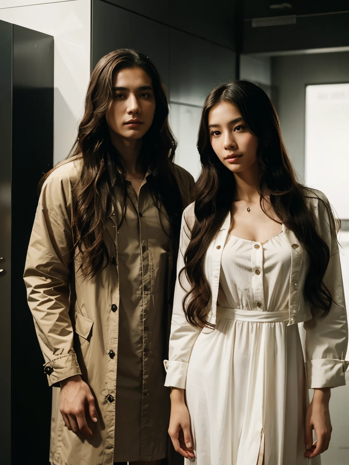 a man long wavy hair and a woman standing next to each other at a , an image, inspired by Adam Dario Keel, a jacket that is trending in the cg community, a beautiful young Korean woman wearing a long  dress, a screencap of the film, model elisajes from acquamodels