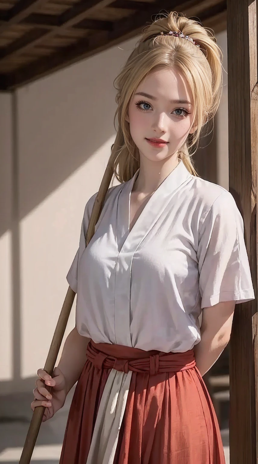 blonde hair, gradient hair, hair over shoulder, hair behind ear, longeyelashes, light smile, Surrealism, depth of field, atmospheric perspective, foreshortening, UHD, anatomically correct, highres, 16k、 ((最high quality, 8K, masterpiece: 1.3, Ultra HD, high quality, 最high quality, High resolution, realism)) 、(high color saturation:1.0), (highly detailed skin), (最high quality:1.0), (超High resolution:1.0) ,(realistic:1.0), (Super detailed:1.0), (8K, Raw photo:1.1), slender、Slender, muscular body that&#39;s toned like an athlete&#39;s、I don&#39;t want my head to disappear from the screen.、25 year old white woman、shiny hair、Her hair color is blonde.、blue eyes、long hair、hair above one eye、smile、On the approach to a Japanese shrine、She is a shrine maiden.、Sweeping the grounds with a bamboo broom、Grinning ((light smile))、split ponytail, 8k