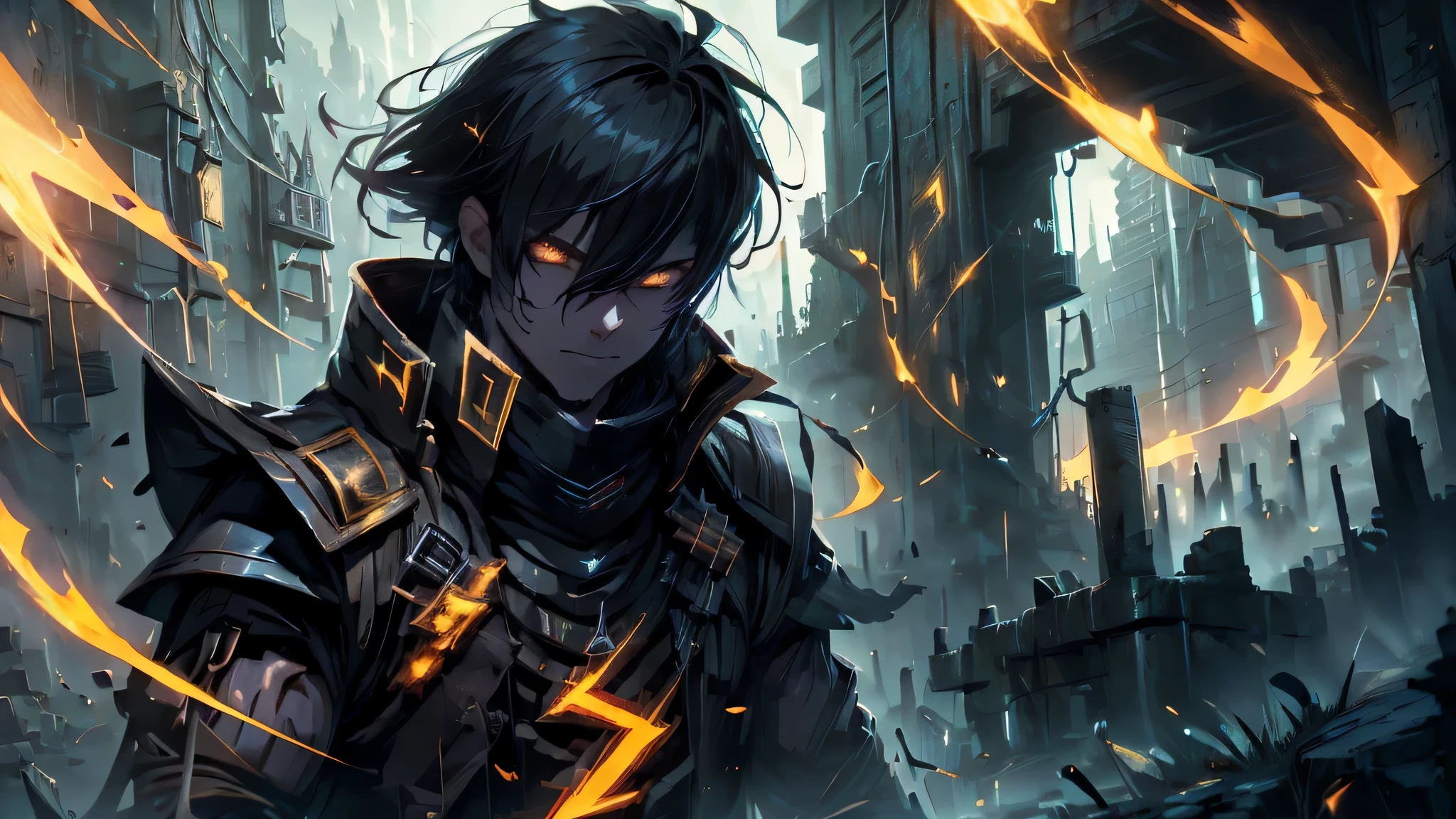 (Hoang Lap,High resolution,super detailed), master piece, best quality, true light and shadow, alone, black haired boy, Red sleeveless clothes, good looking, fine eyes, detailed face, fine eyes, black scarf, He holds a lightning ball in his left hand, The ball is surrounded by yellow lightning bolts, Has tattoos, Behind him are five round lightning balls,from below, Looking down, city of ruins, background in the dark, swirling, spark of light, cowboy shot, Breaking, eYellow eyes, shining rune_light yellow