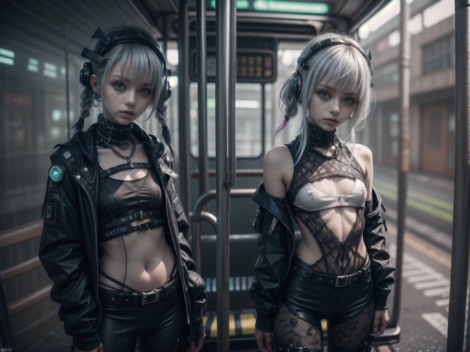 1girl, innocent, alone, ((waiting a bus:1.5)), (view_from_front:1.5), (instagram yanakryukova), (seductive_facial_expression:1.4), sweety, cute, kawaii, perfect face, galactic_young_princess, ((little breasts, flat_chested, small chest:1.6)), ((little nipples, natural nipples)), top model figure, (skinny), (perfect little ass, round ass, long legs, slim legs), pale skin, soft skin, caucasian ager, slender girl, natural make-up on eyes only, perfecteyes, black_eyes, (innocent_looking:1.4), oval jaw, freckles, natural_beauty, (white hair, bright pink hair, dreadlocked pigtails, long bangs, drill hair), ((she is wearing a white transparent lace bodysuit,  print white cotton leggings, white transparent lace hoodie, lace collarbone, cleavage cutout, cameltoe, and techwear high boots)), ((wearing an intricate detailed techwear white outfit)), ((cute neon head accesories:1.6)), punk_hair_ornaments, pastel_goth, punk, fantasy_princess, necklace, earring, cute 18 years old girl, skinny young girl, white theme, (bokeh, depth of field, blurry background, light particles, fog), ((detailed sci-fi cyberpunk bus stop background:1.6)), ((real life, realistic, profesional photography, photo_realistic, hyper_realism, ultra-detailed)), photography by Tim Walker, Tim Walker masterpiece, best_quality, 8K, soft tones, pastel tones, low saturation, (contrast:0.3), muted colors, cold light, neon, Ex_Machina_movie, studio light