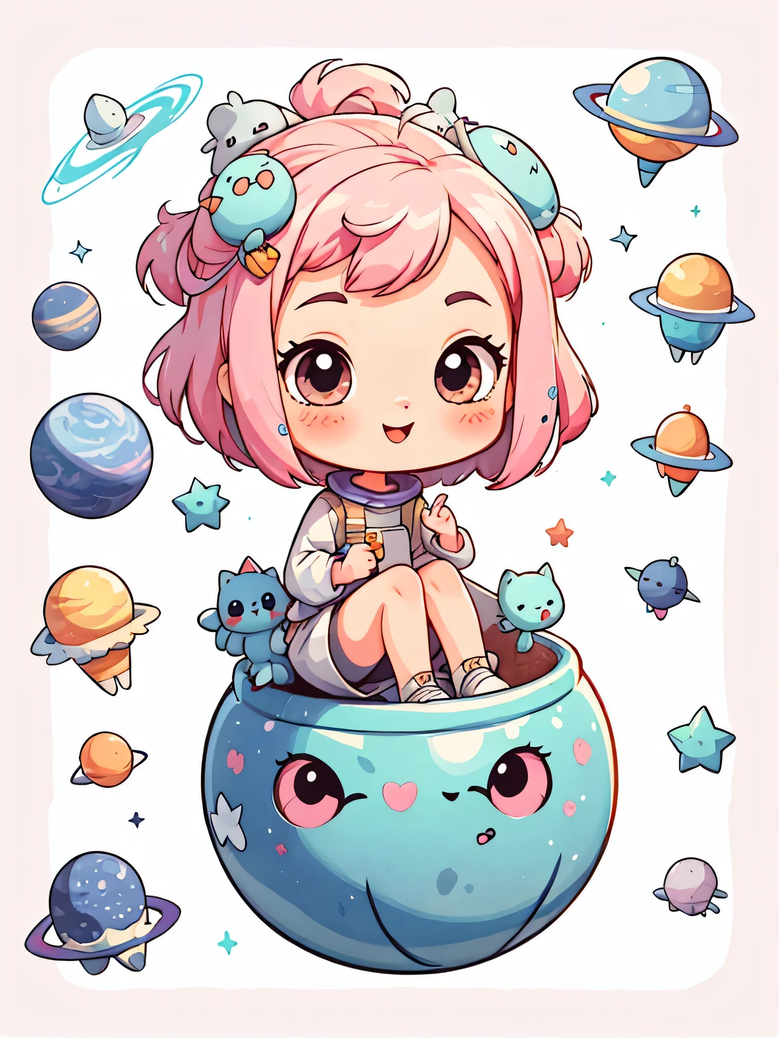 1 girl,(((Chibi)))、The background is space,pink hair,bob hair,best smile、cute alien