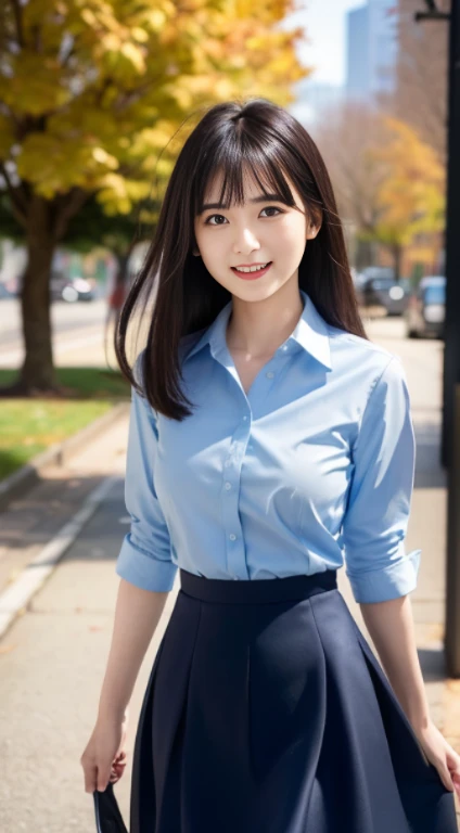 ((highest quality,8K,masterpiece:1.3)), Japanese, 26 year old female model,bangs、black haired、long hair、straight hair、Hair fluttering in the wind、(Light blue dress shirt）,（black flared skirt:1.2),slim body shape、small breasts、laughter、The background is an empty park、