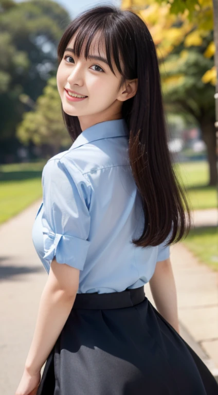 ((highest quality,8K,masterpiece:1.3)), Japanese, 26 year old female model,bangs、black haired、long hair、straight hair、Hair fluttering in the wind、(Light blue dress shirt）,（black flared skirt:1.2),slim body shape、small breasts、laughter、The background is an empty park、