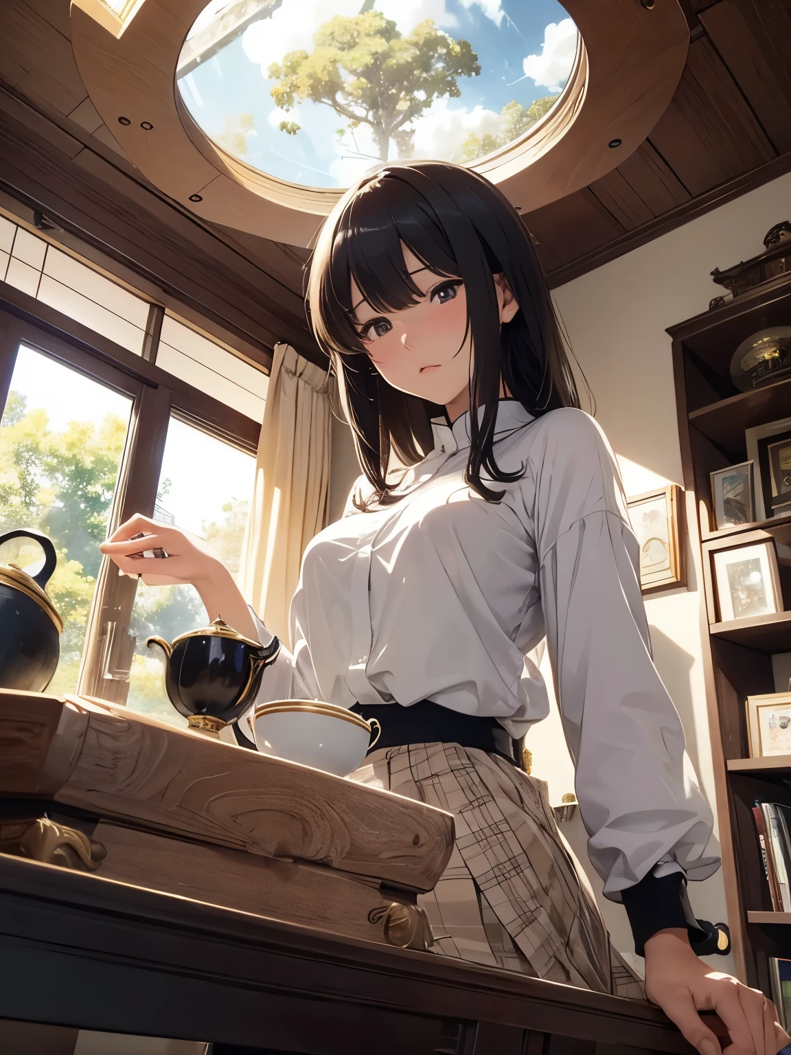 Naoyuki Kato, Heath Robinson, Surreal, mysterious, strange, fantastical, fantasy, Sci-fi, Japanese anime, Sunday afternoon fun, mini-skirt pretty high school girl having tea at a stylish cafe, perfect voluminous body, Earth seen from the space station, detailed masterpiece wide angles low high Hyper realistic sharp focus cinematic lighting sexy seductive erotic coquettish zoom in shy embarrassed blushing real