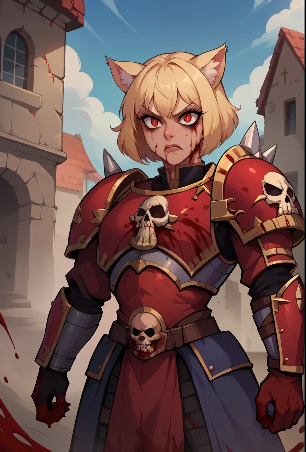 score_9, score_8_up, score_7_up, score_6_up,score_5_up,score_4_up, BREAK, necoarcslit pupils, cat ears, blonde hair, red eyes, (rage 1.2), khornate berzerker covered in blood, blood on face, blood on armor, (battlefield of ruined buildings under a blood-red sky tinged with smoke and despair), piles of skulls, full shot, warhammer 40k