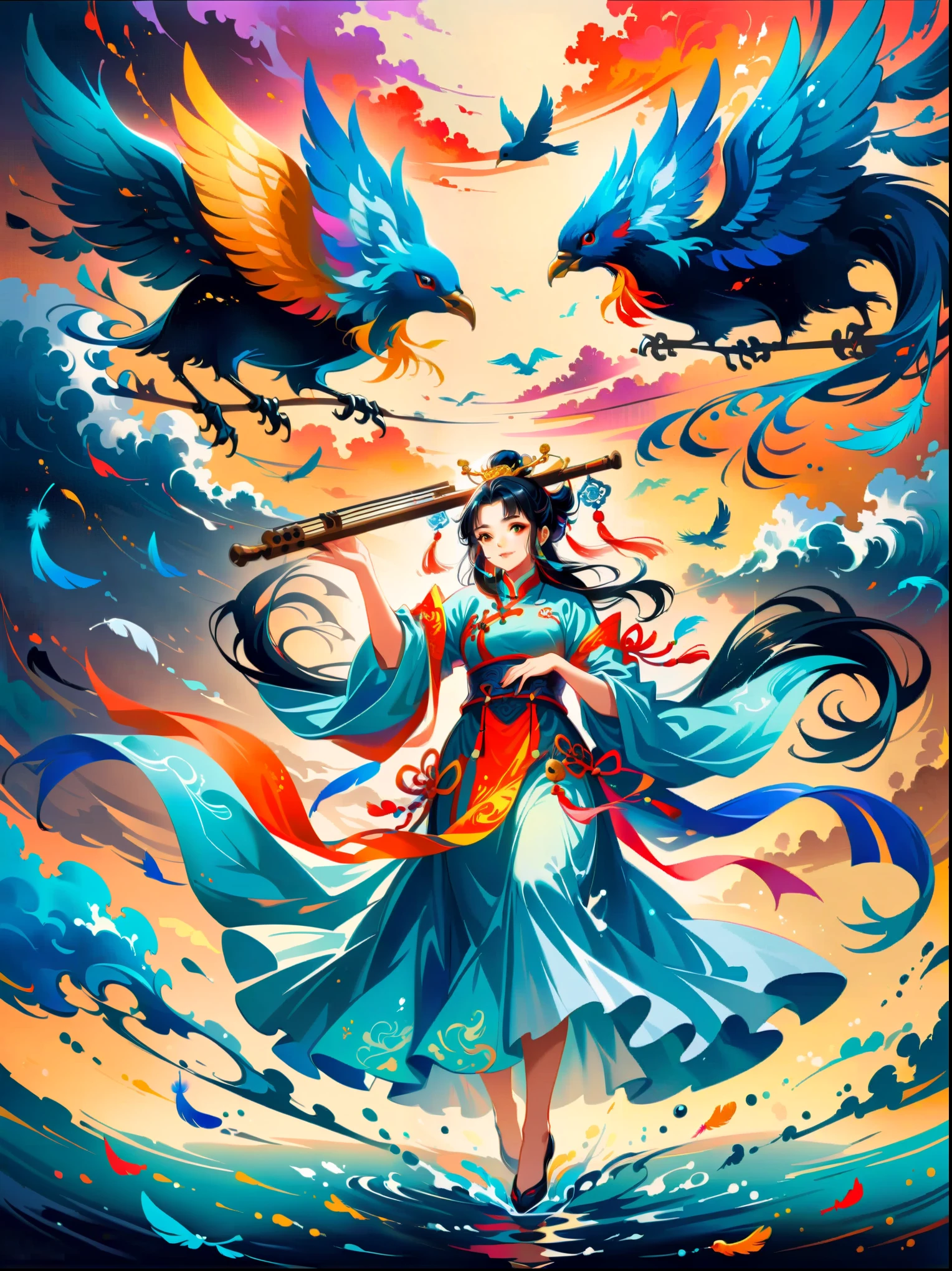 Chinese style, dark golden background, colorful clouds surrounding the sky and beautiful sea goddess of China holding an ancient Chinese musical instrument in her hand, surrounded by flying birds with long tail feathers and colorful ribbons flowing behind them. Exquisite details, bright colors, high definition, full body portrait in the style of oil painting. The background is a blue water surface with golden moonlight shining on it. High angle perspective, full body perspective, beautiful movements in the style of Chinese art