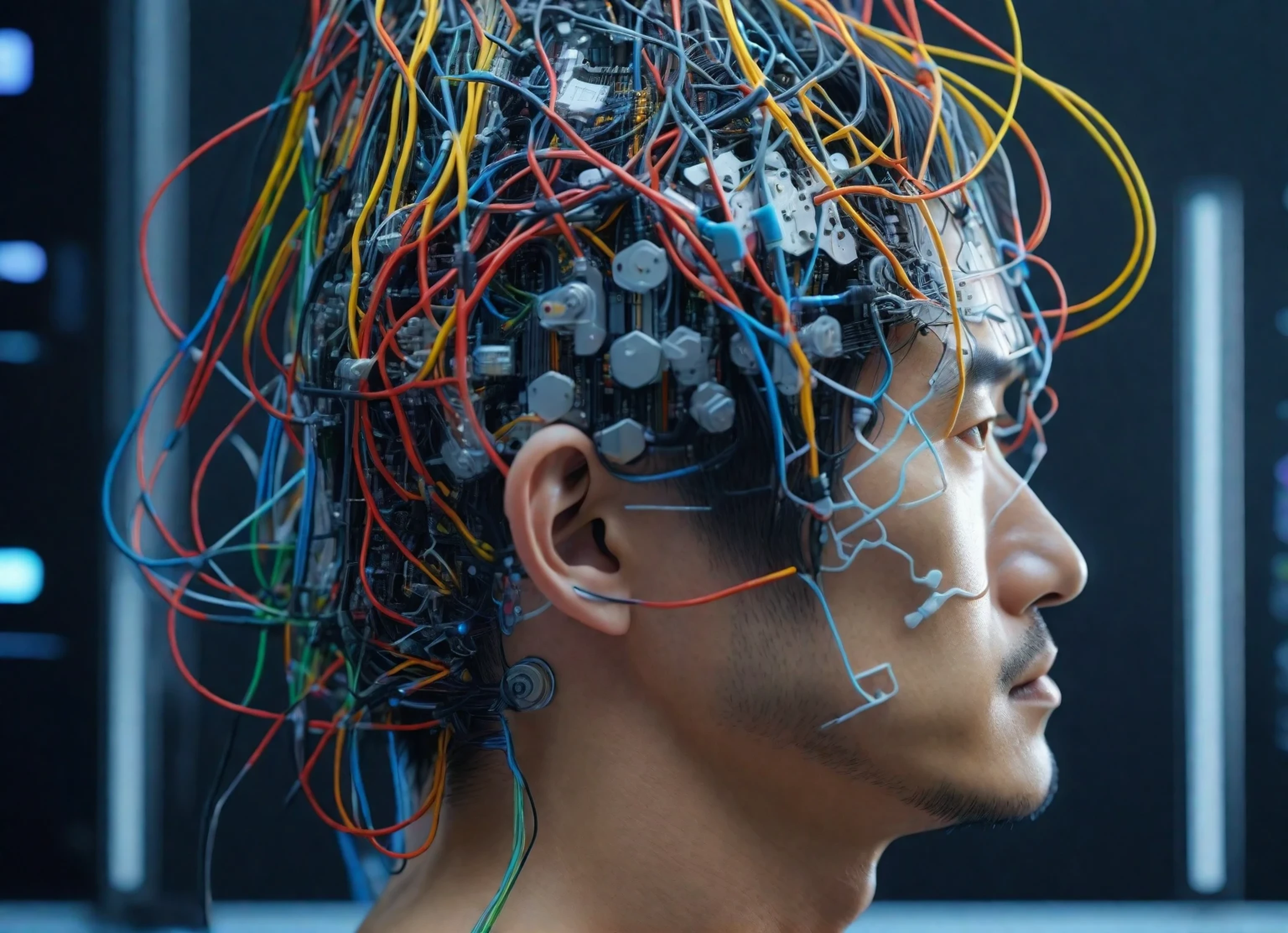 head of a Japanese man in profile, it is covered with sensors and diodes with cables, he is in a high-tech laboratory, many Japanese scientists, holographic screens, many metal cables and tubes, servers and computers, 4k, Ultra detailed image, realistic , Highly detailed, perfect composition, splendid, Intricately detailed, Incredibly detailed, 8 k artistic photography, hyper detailed, Masterpiece, Ultra detailed, Hyperrealistic, 4k, Ultra detailed image, realistic, Highly detailed, perfect composition, splendid, Intricately detailed, Incredibly detailed, 8K fine art photography, hyper detailed, Masterpiece