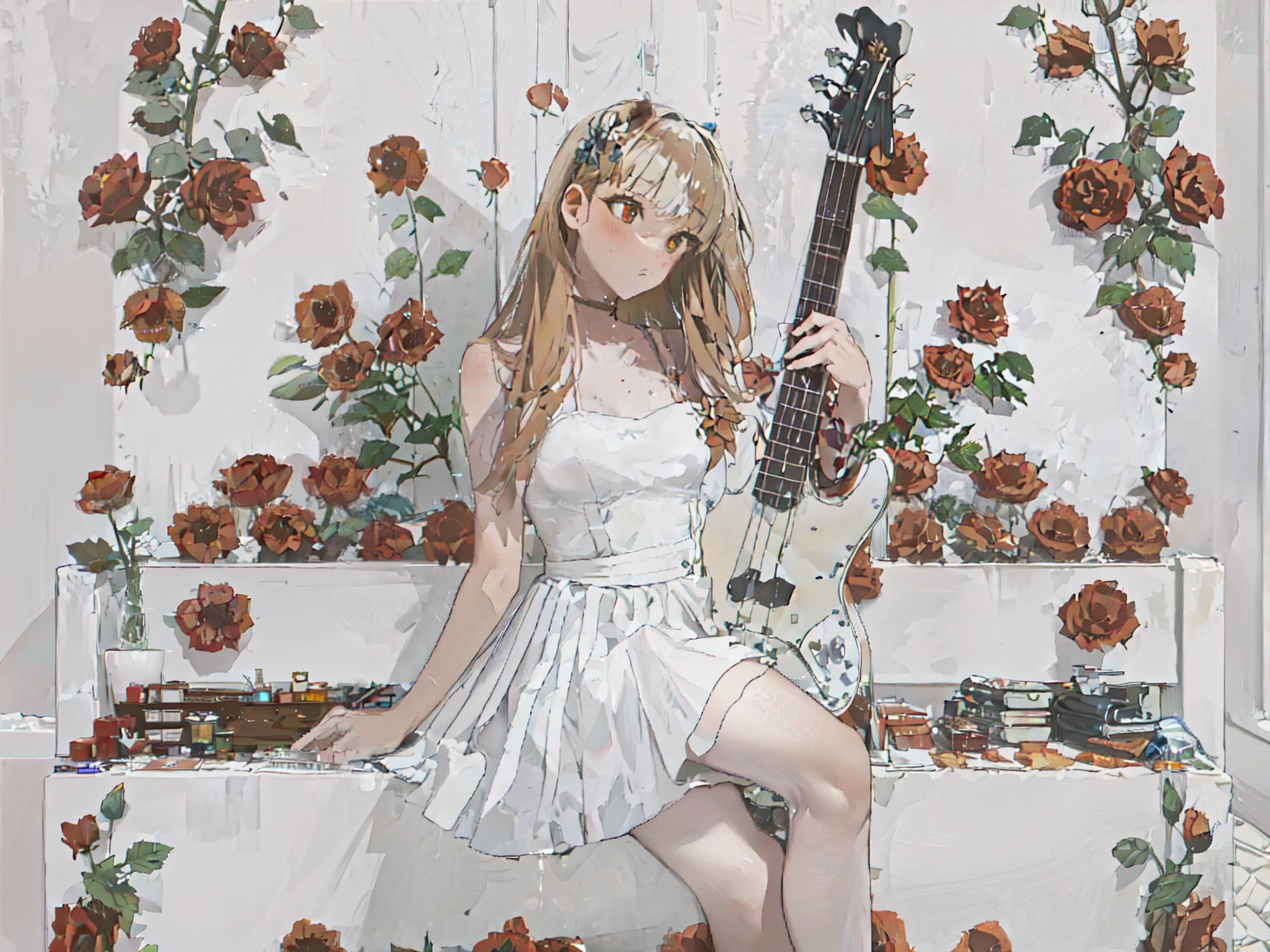 1girl, human ears, strawberry blonde hair, golden eyes, white prom dress, white thigh high, long hair, black red orange bass guitar, electric bass guitar, Fender Jazz Bass, Roses on the ground, white background, studio lighting, poster, elegance, sitting post, photoshoot