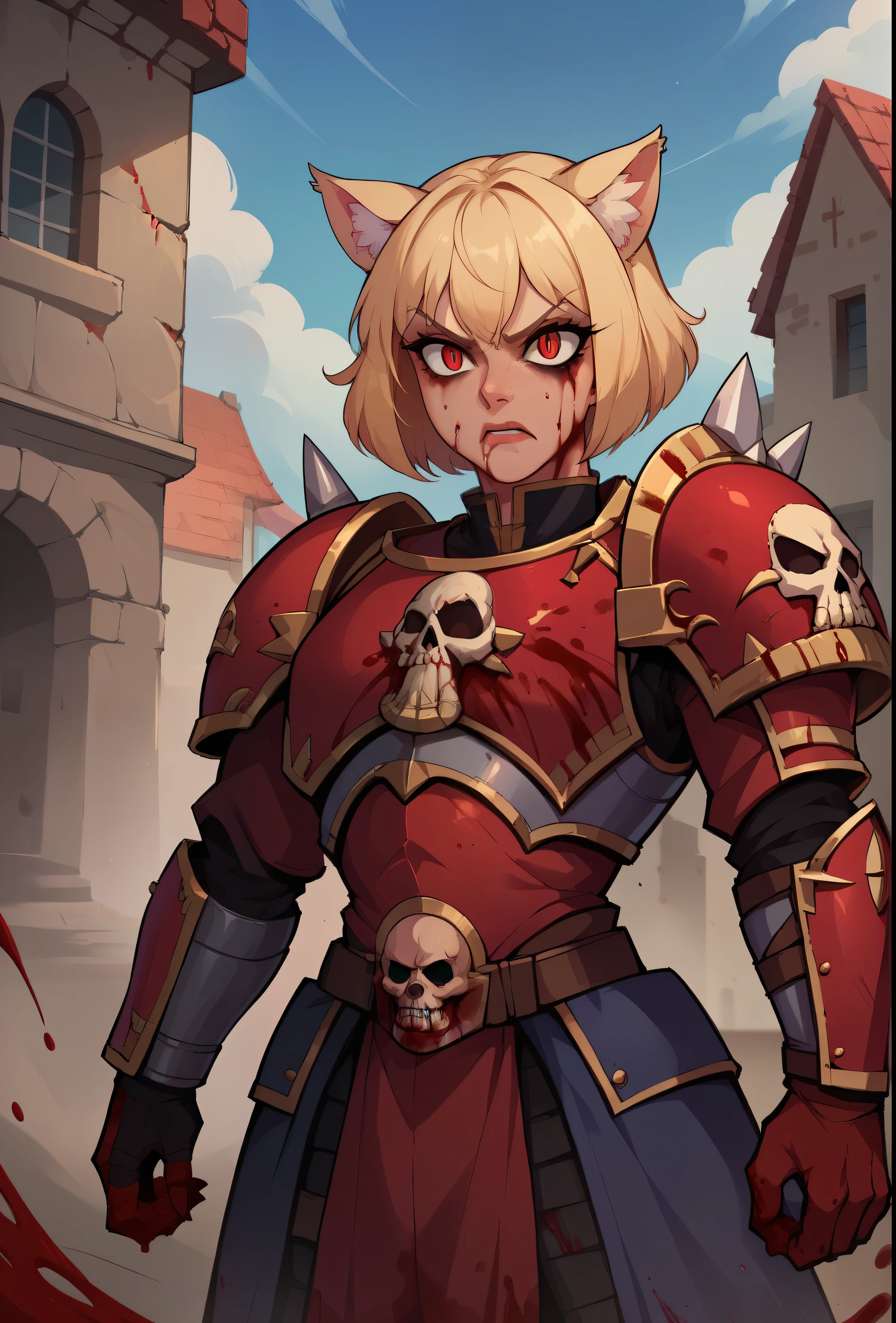 score_9, score_8_up, score_7_up, score_6_up,score_5_up,score_4_up, BREAK, necoarcslit pupils, cat ears, blonde hair, red eyes, (rage 1.2), khornate berzerker covered in blood, blood on face, blood on armor, (battlefield of ruined buildings under a blood-red sky tinged with smoke and despair), piles of skulls, full shot, warhammer 40k