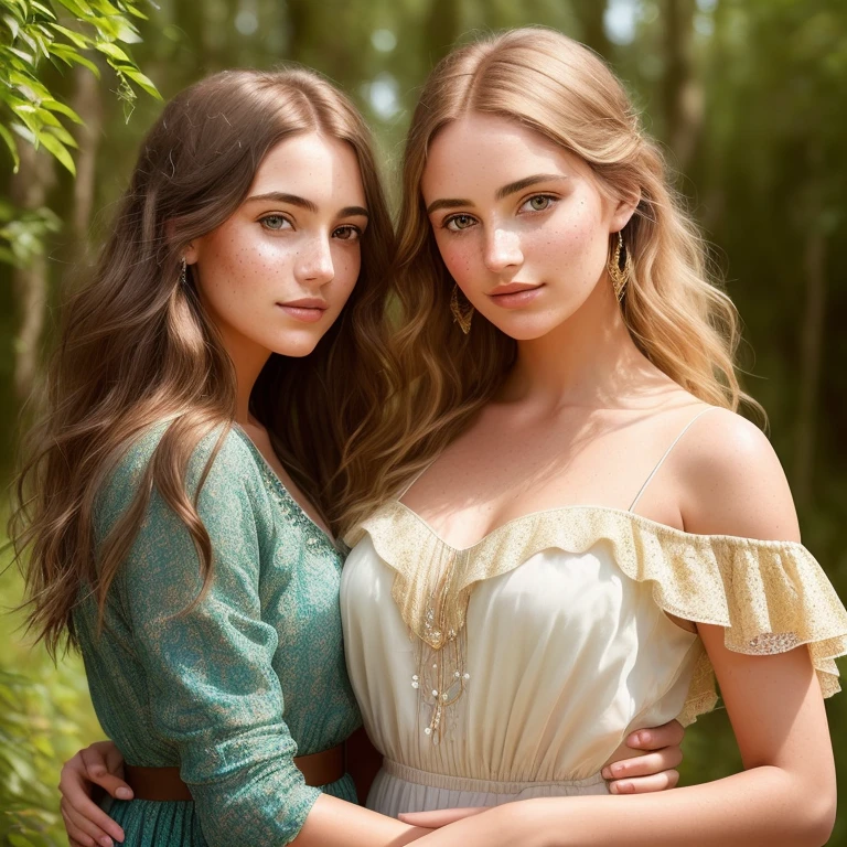 in a flowing, earth-toned dress that accents her natural beauty. The sunlight filters through her hair, creating a golden glow around her.
This hyper-realistic photograph is a stunning masterpiece, captured in the highest quality with ultra-high resolution. Each detail is intricately rendered, from the guy's stubble and pores to the delicate freckles on the girl's nose. The vibrant colors of their clothes and the rich textures of their skin are brought to life in stunning detail.
The composition of the photograph is cinematic, with the couple in the foreground and the lush greenery of the surrounding forest creating a sense of depth and dimension. The shot is