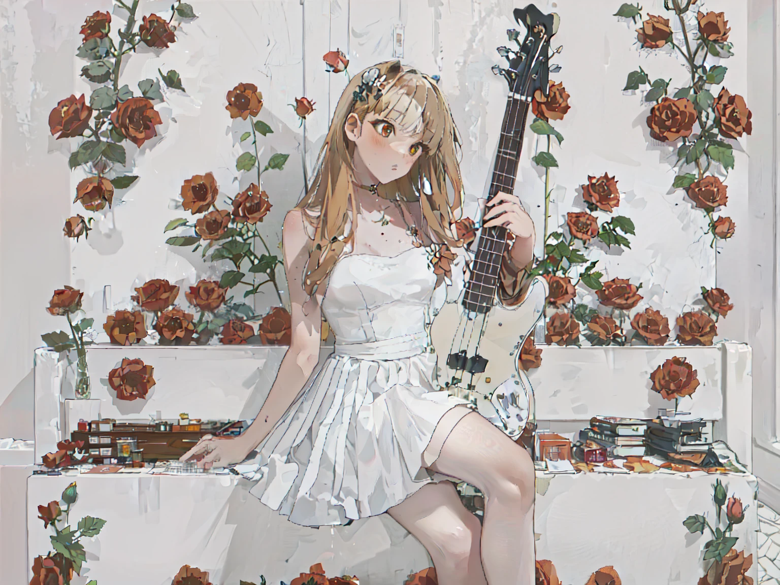 1girl, human ears, strawberry blonde hair, golden eyes, white prom dress, white thigh high, long hair, black red orange bass guitar, electric bass guitar, Fender Jazz Bass, Roses on the ground, white background, studio lighting, poster, elegance, sitting post, photoshoot