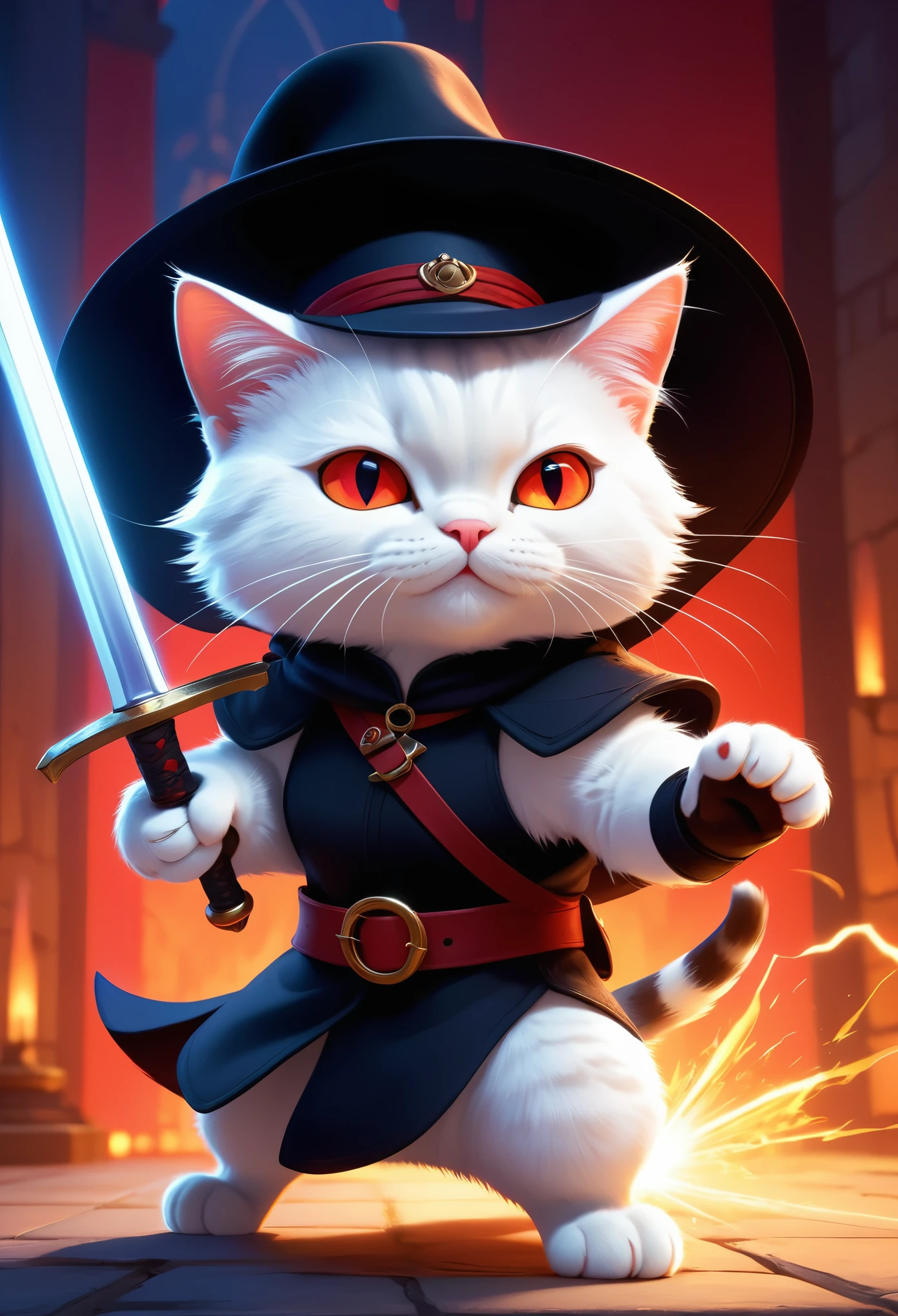 A white personification cat,red eyes,wearing a black hat,wielding a long rapier,(((ready to attack))),concept art in the style of Pixar, (character design:1.3), fantasy art style,anime aesthetics, realistic depiction of lighting, strong closeup shots, saturated colors, cartoon style, cartoon background, high resolution, octane rendering, detailed, concept art, digital painting, full body shot.