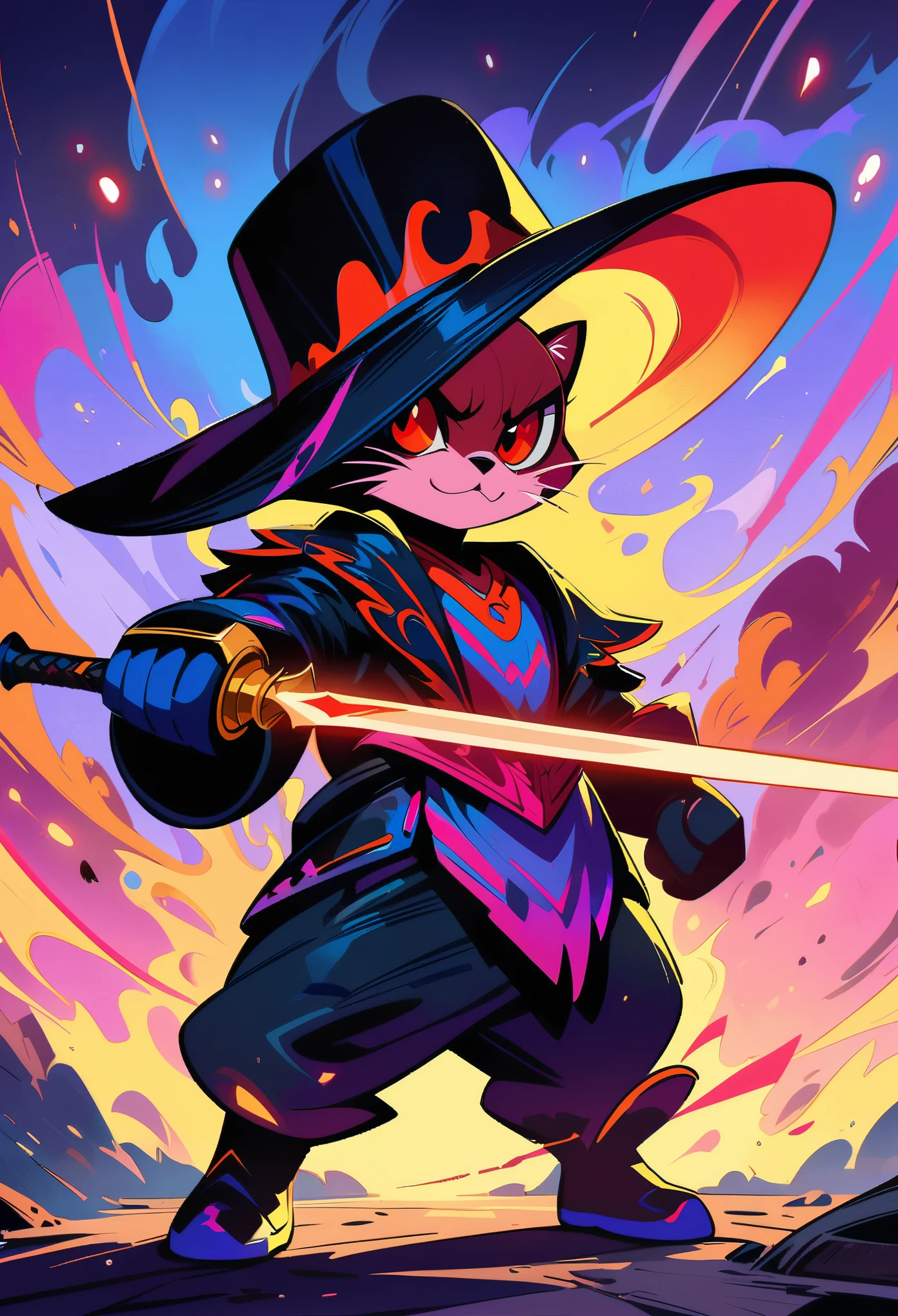 A white personification cat,red eyes,wearing a black hat,wielding a long rapier,(((ready to attack))),concept art in the style of Pixar, (character design:1.3), fantasy art style,anime aesthetics, realistic depiction of lighting, strong closeup shots, saturated colors, cartoon style, cartoon background, high resolution, octane rendering, detailed, concept art, digital painting, full body shot. 