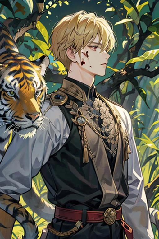 Anime boy, blonde prince, in a dark forest, side profile with slight blood on his face. Stern and strong expression, magestic background with snakes and a tiger hidden