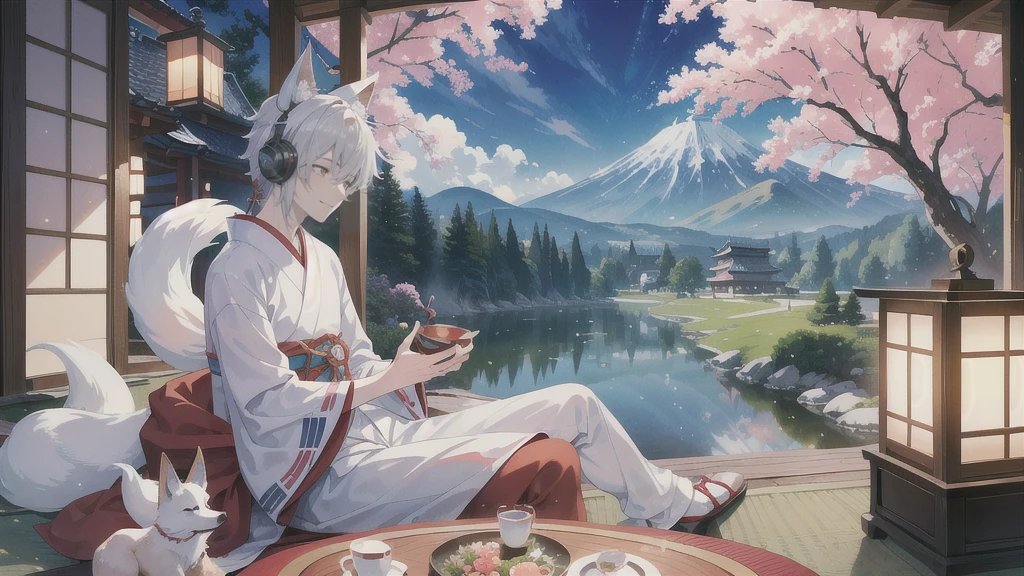 (masterpiece, highest quality, highest quality, official art, beautiful and aesthetic,1 boy:1.5), A silver-haired male character walking through a Japanese-style garden while listening to music、A Japanese-style illustration of a man with fox ears and a fox tail playing the koto. A scene of a man wearing a traditional kimono enjoying music while admiring the scenery. A male character sitting on a veranda playing a Japanese musical instrument. A man with fox ears and a fox tail listening to music with a castle town landscape in the background. In a Japanese-style room lined with folding screens and lanterns.、A scene of a man wearing earphones and enjoying music. An image of a man sitting on a Japanese-style veranda listening to music with a gentle smile while looking at the scenery. A man wearing traditional Japanese clothing has fox ears and a fox tail.、Enjoying music A man wearing headphones is sitting in a Japanese-style garden、A gentle-looking man with fox ears creates a peaceful atmosphere.、A scene of listening to music with a castle town in the background,wide angle ,Detail view. 8k wallpaper. High resolution. --s 1000