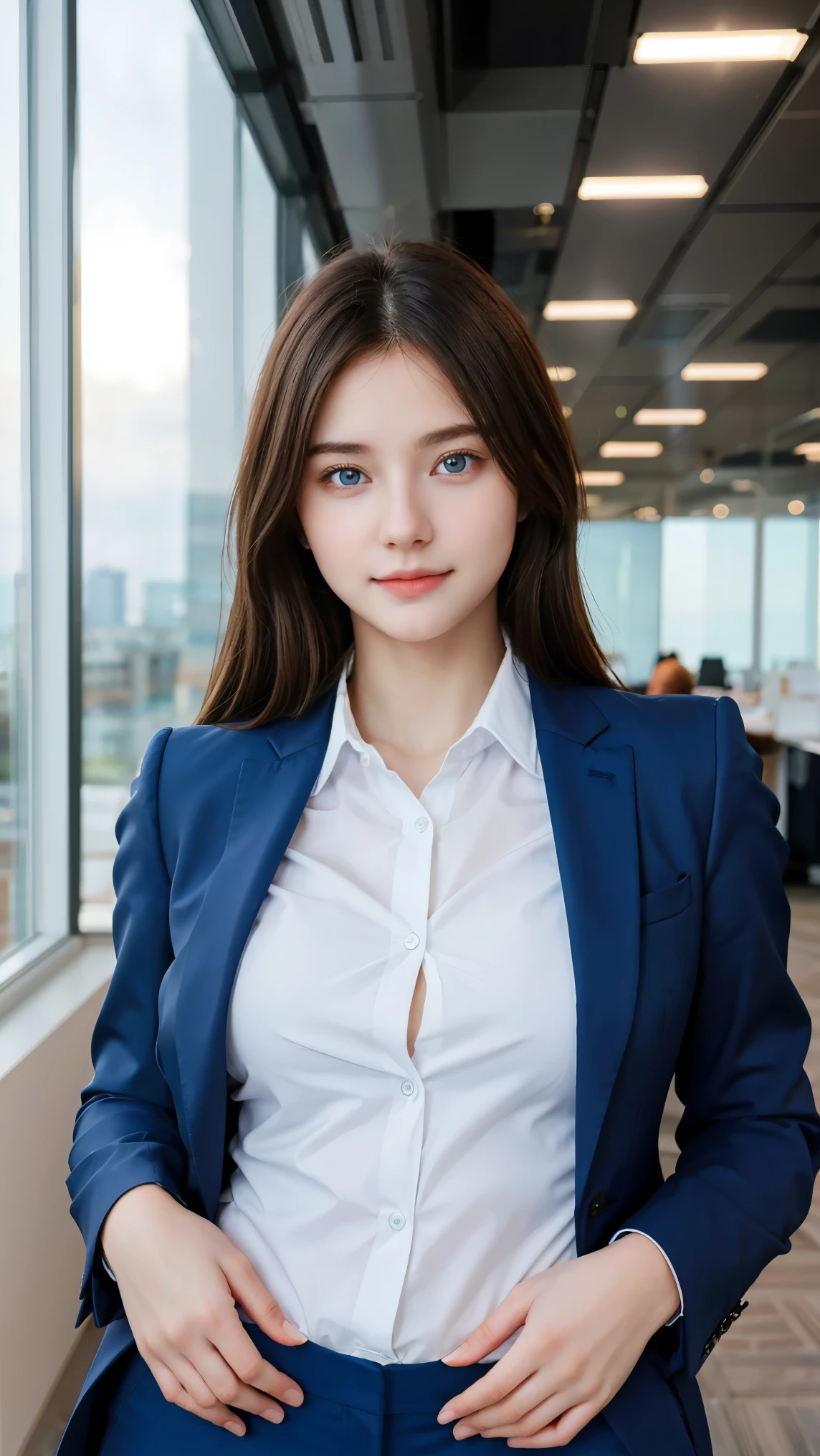 Gorgeus Girl, Beautiful, Baby Face, 20 Years Old, White Skin, Beside, Sexy Pose, business suits, Blue Eye, Muscles, Bokeh, Modern office Background, Masterpiece, Fullbody Shot, woman trousers