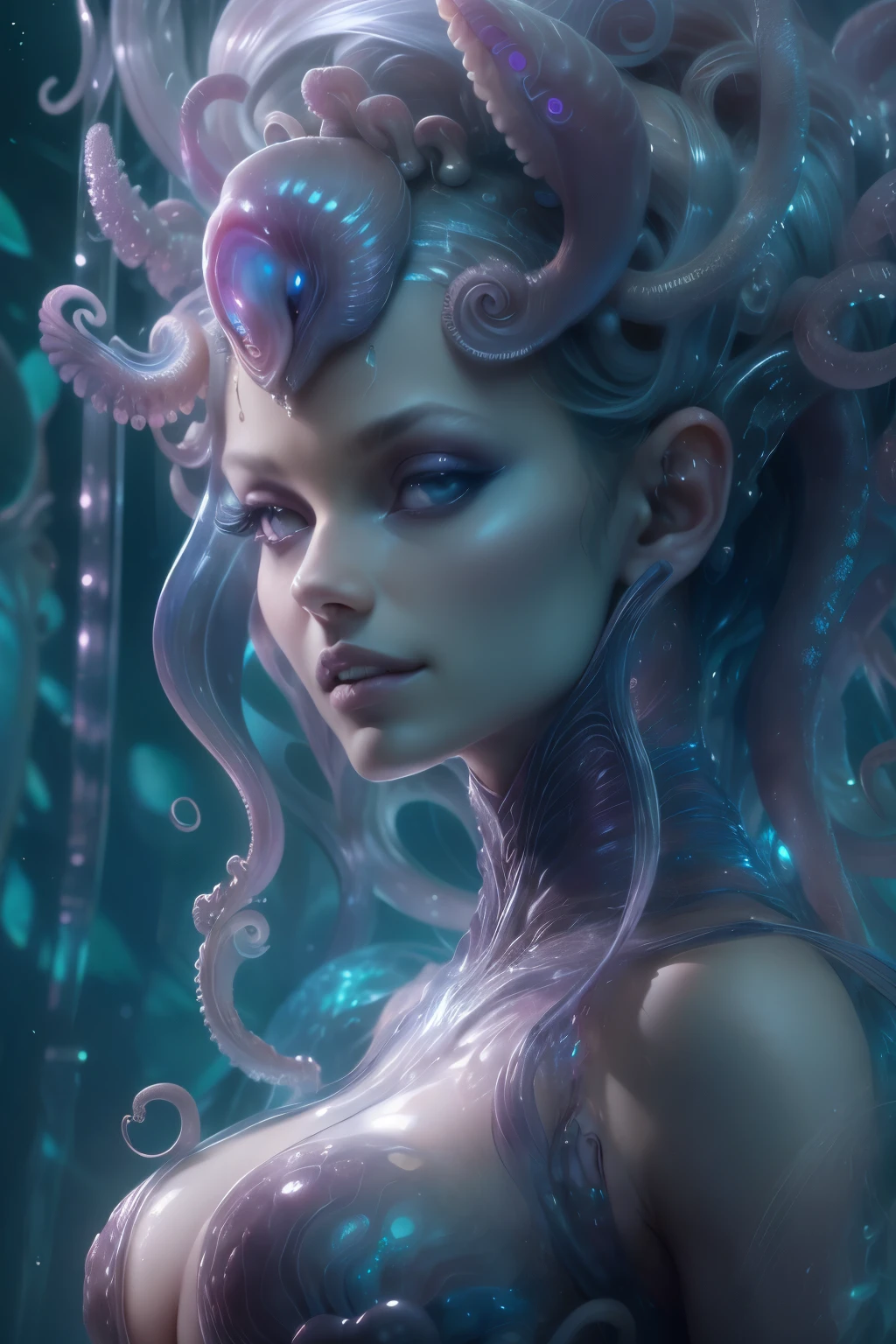 (Portrait of a beautiful and lewd female alien in deep sea water, Who are the young agers?:1.4), ((There is a female genital-like organ in the middle of the forehead.:1.8)), (realistic face:1.2), (Number of award-winning masterpieces々, incredibly detailed, Texture and maximum detail), art photography, midnight aura, unreal engine 5, super sharp focus, art by Amano Yoshitaka, art germ, Reusch, intricate artwork, ultra realistic realism, High resolution, High freshness, draw faithfully, official art, unity 8k wallpaper, ultra detailed art photography, dream-like, fantasy creation, dream snail, (biopunk nautilus:1.3),thrilling color scheme, smile seductively, amazing mutation, well-proportioned body, goddess of the deep sea, fractal, Geometric pattern, impossible numbers, (Translucent white tentacles with light-emitting organs:1.4), Subtle emerald green accents, (smile seductively:1.3),(she has the most beautiful face in the history of the universe:1.5), Penelope Cruz, (She looks down at the viewer with glowing, pupil-less, iridescent eyes.:1.3), an evil gaze that seduces, cinematic lighting, (From between your pretty lips、His long canines, like a vampire's, are visible.:1.3), in the palace hall, A sweet sigh leaks from your beautiful lips, ecstatic expression