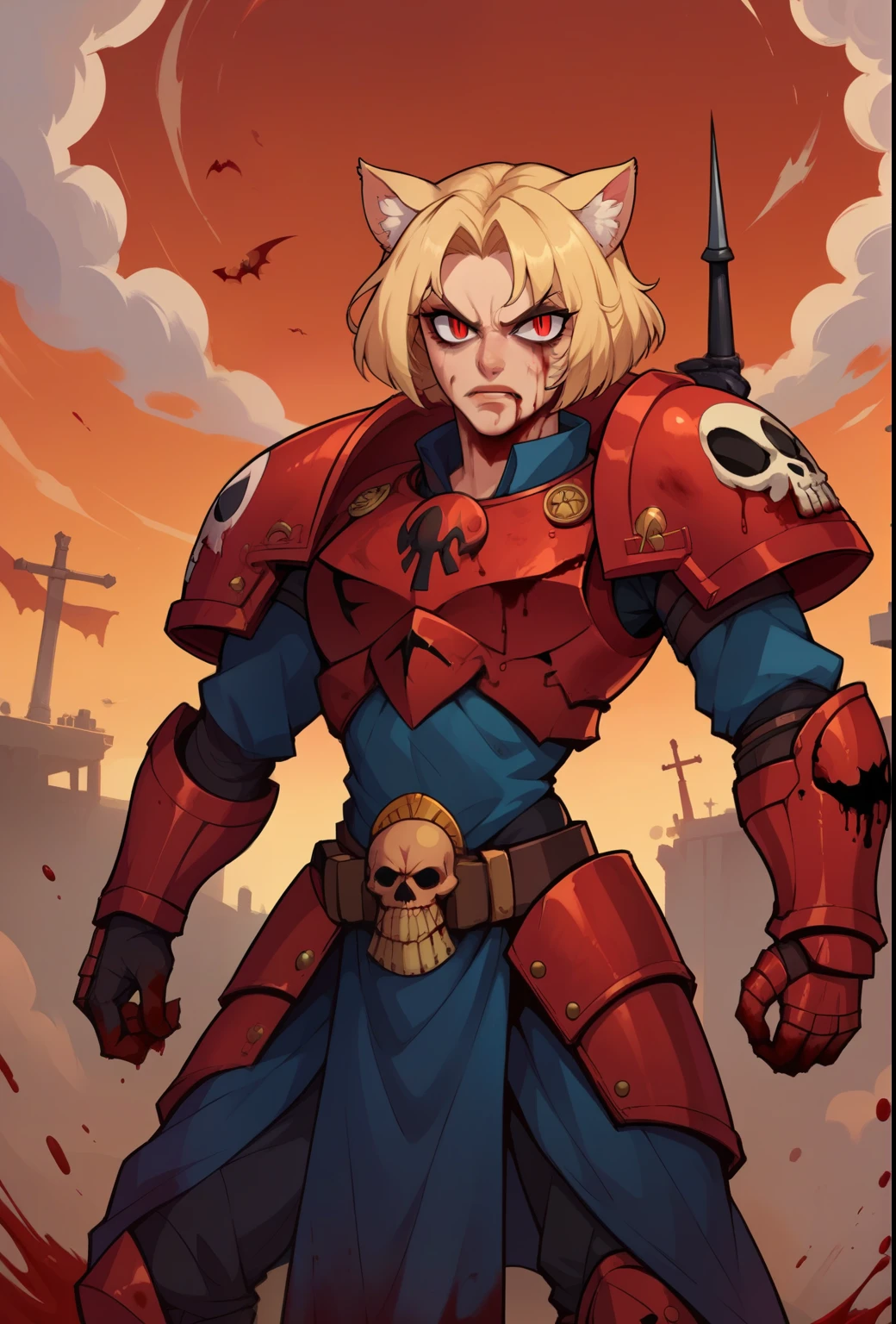 score_9, score_8_up, score_7_up, score_6_up,score_5_up,score_4_up, BREAK,( necoarc slit pupils), cat ears, blonde hair, red eyes, (rage 1.2), khornate berzerker covered in blood, blood on face, blood on armor, (battlefield of ruined tanks under a blood-red sky tinged with smoke and despair), piles of skulls, full shot, warhammer 40k