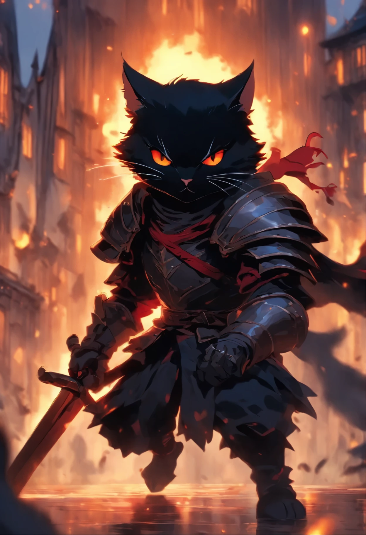 A white personification cat knight,red eyes,wearing a black Bicorne,wielding a long rapier,(((ready to attack))),concept art in the style of Pixar, (character design:1.3), fantasy art style,anime aesthetics, realistic depiction of lighting, strong closeup shots, saturated colors, cartoon style, cartoon background, high resolution, octane rendering, detailed, concept art, digital painting, full body shot.