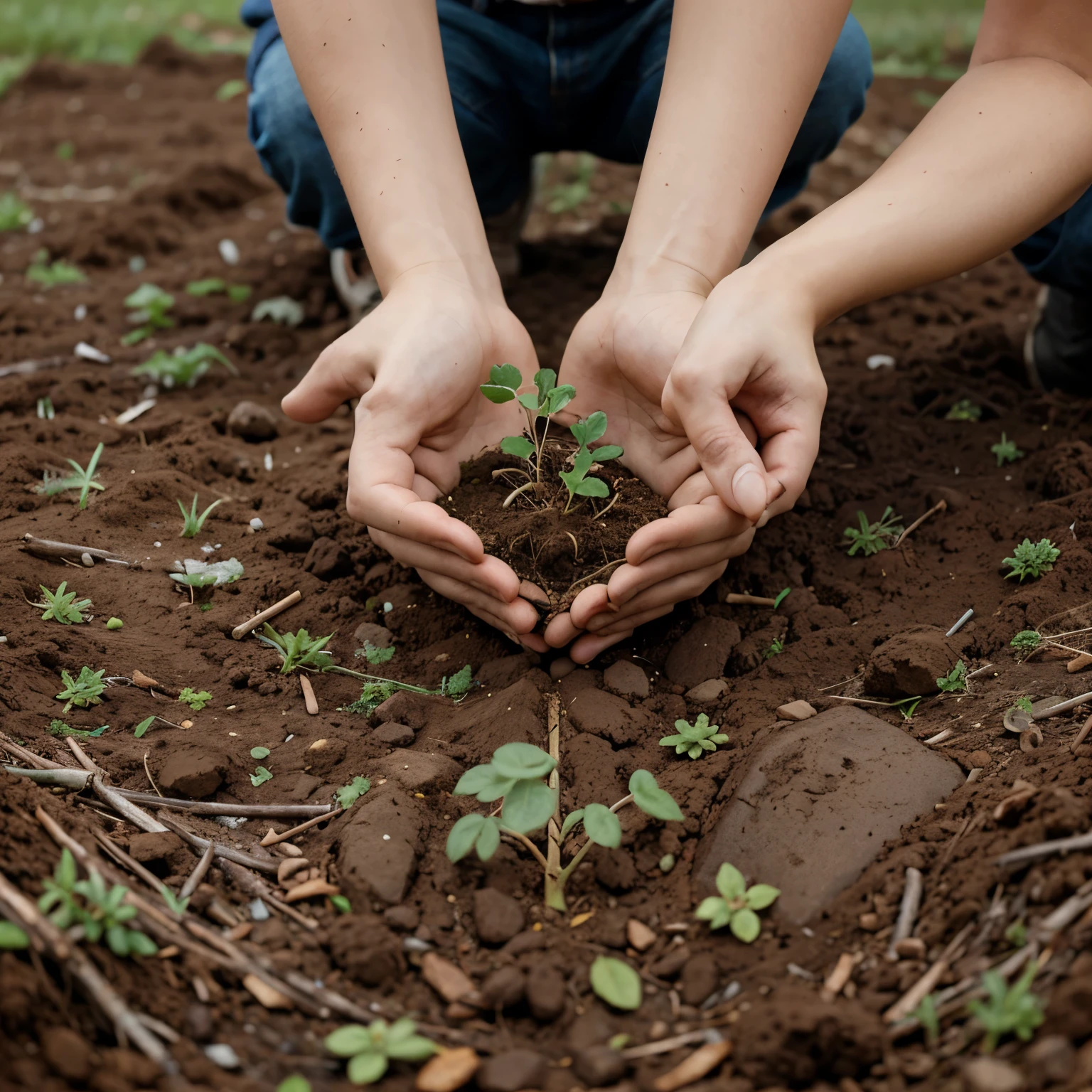 A small plant with roots in the hands of a person planting in the ground