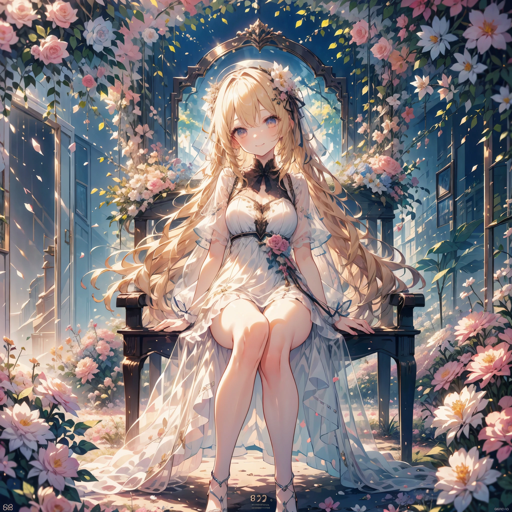 beautiful eden,cute 1girl,yo,angel,kawaii,blond long hair,hair Accessory,smile,spread arms,flower garden,sitting gorgeous chair,masterpiece,best quality,high quality,detailed,high resolution,8k,wallpaper,beautiful fingers,beautiful hands,fingertip