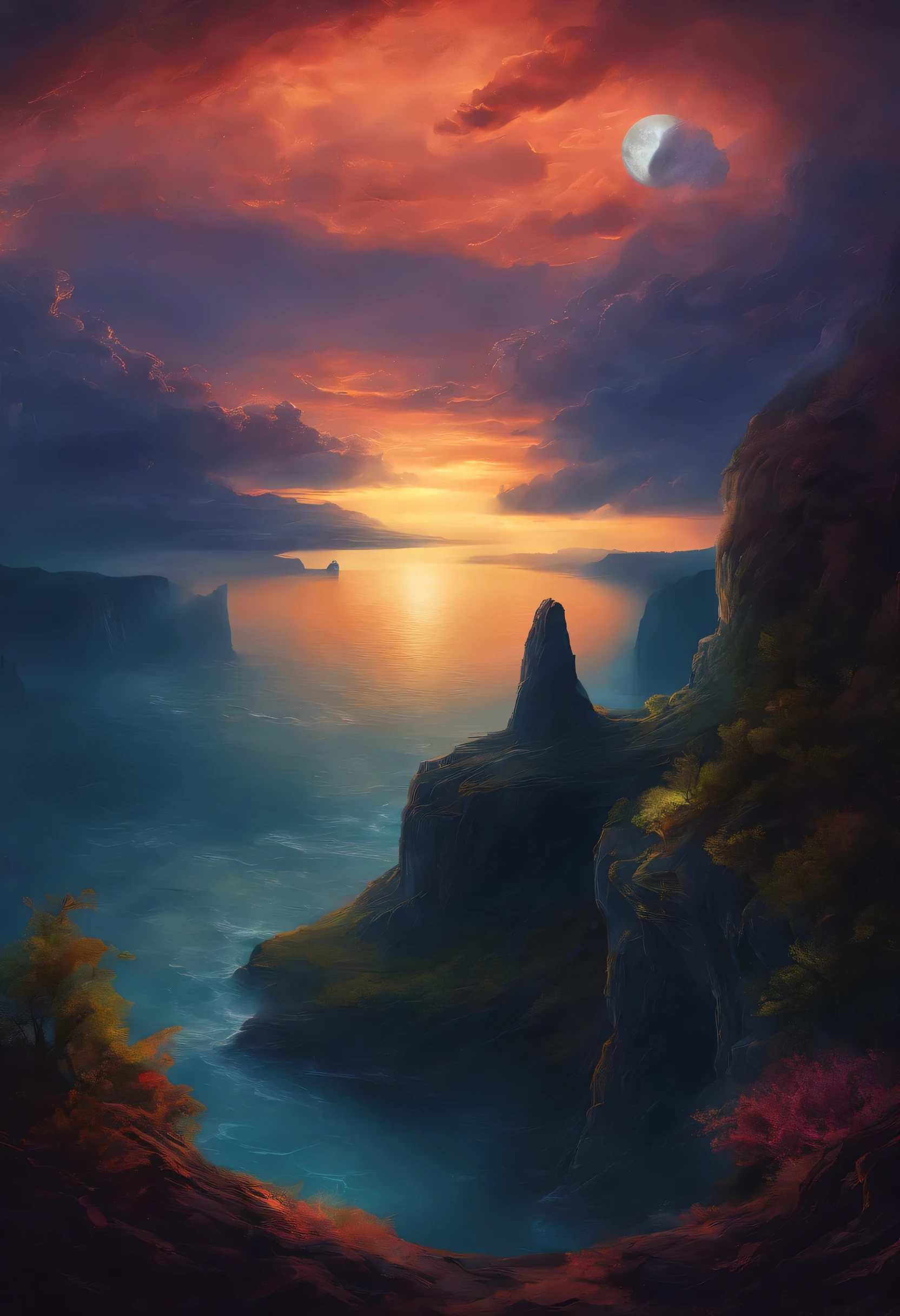 (best quality,4k,highres,masterpiece:1.2),ultra-detailed,realistic,portrait,landscape,Tang Feng,giant moonlit cliff,distant viewing angle,desolate,clouds,moonlit,dark silhouette,serene atmosphere,vibrant colors,soft light,ethereal,content solitude,wispy clouds,quiet night,starry sky,moonlight casting shadows,moon halo,luminous,mystical,calm and peaceful ambiance,immersive,dreamlike,gloomy cliffs,awe-inspiring,tranquil mood