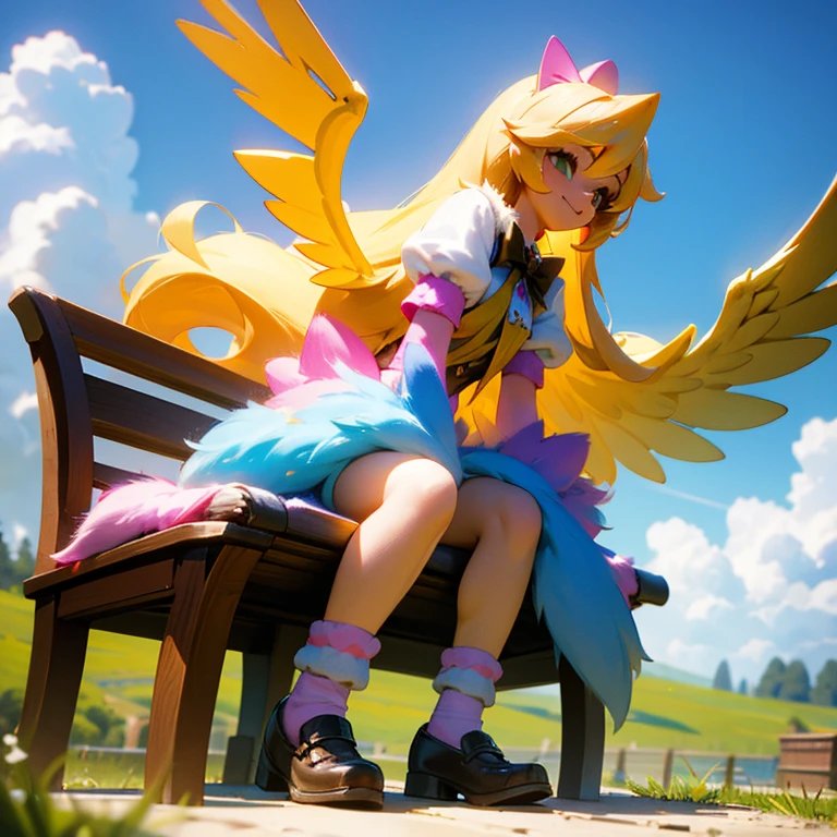 fluttershy, my little pony, human body, 2 hands, 2 legs, female, long fur, colorful socks, spread wings, fluffy feathers, smiling, tying a bow on her shoe sitting on the bench, sunny day, clouds, hyper-detail, 3d illustration, high contrast, masterpiece, hyper-realism, best quality, fantasy  art, magnificent, celestial, epic, majestic, magical