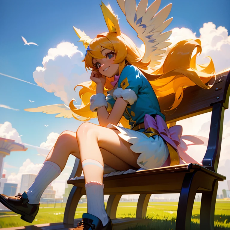 fluttershy, my little pony, human body, 2 hands, 2 legs, female, long fur, colorful socks, spread wings, fluffy feathers, smiling, tying a bow on her shoe sitting on the bench, sunny day, clouds, hyper-detail, 3d illustration, high contrast, masterpiece, hyper-realism, best quality, fantasy art, magnificent, celestial, epic, majestic, magical
