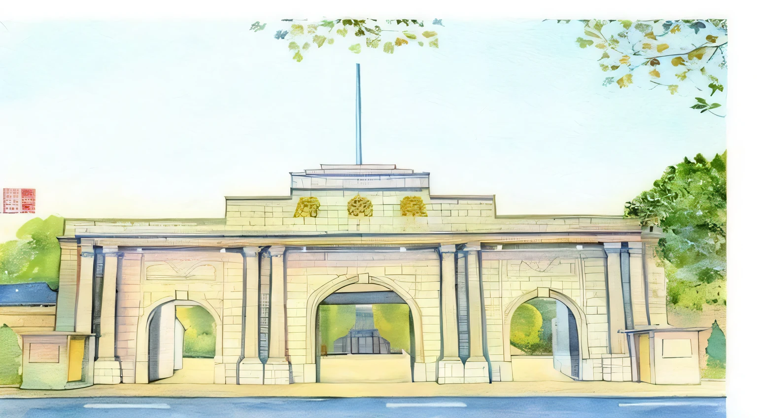 An architecture,There is a clock on the top, royal palace, Traditional Arts, architecture, Artwork of architecture, author:Richard Mayhew, architecture illustrations, drawn image, author:Thomas Dalziel, intermediate art, palace background, author:Tomioka Tessai, archway, background art, Bastion Gateway, an archway, Alexander Obregon