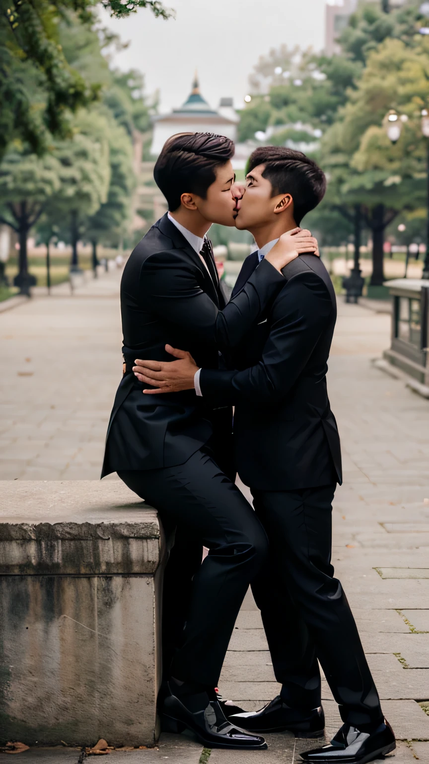 Two handsome and dashing young men korean are kissing passionately while wearing formal clothes and are in a city park
