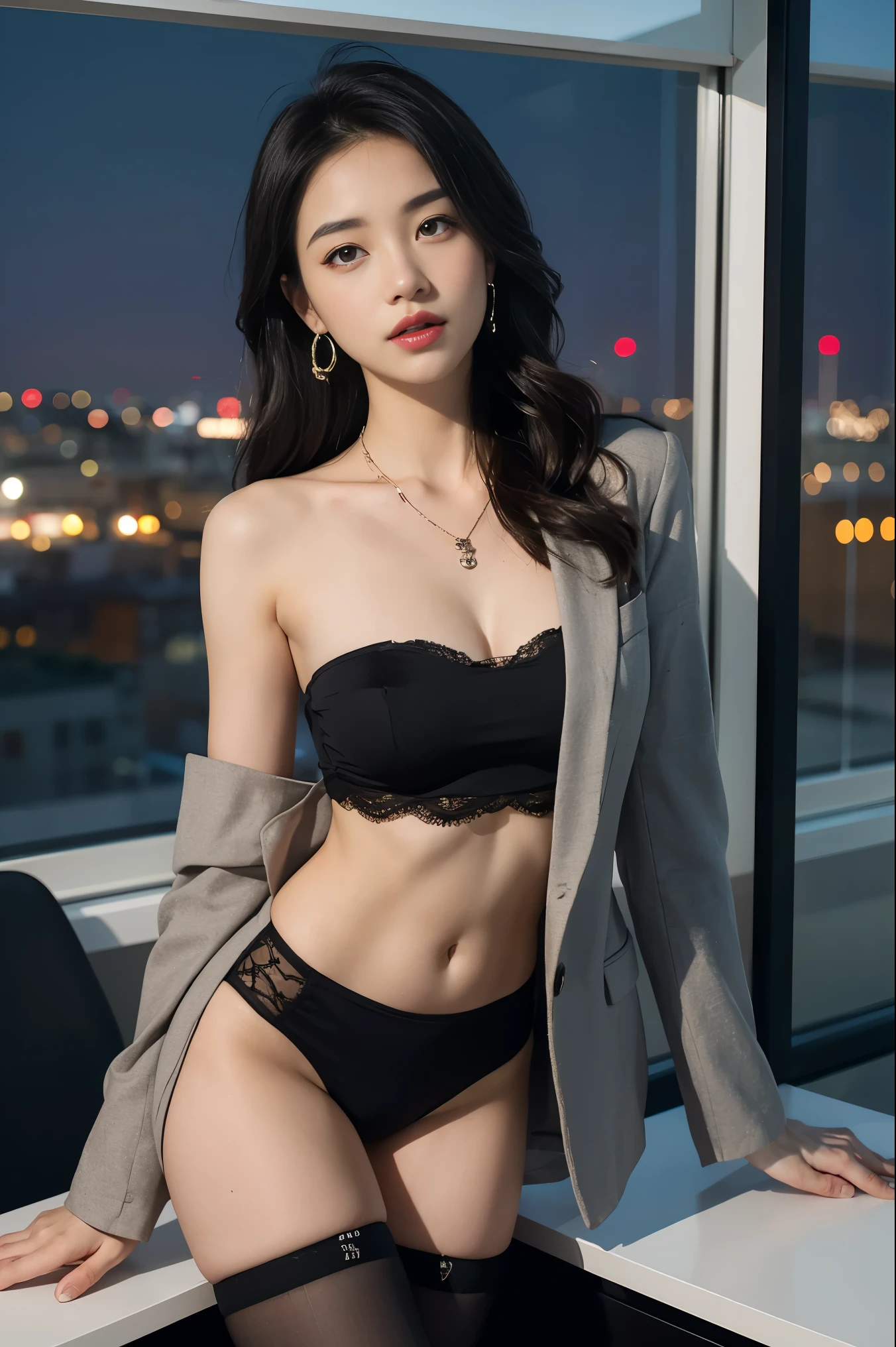 in the office,a young beautiful lady,Wear professional attire,gray blazer,Lace bandeau underwear,slit covered skirt。Bigger and wider hips,thin waist,The upper body rounder,full,Super in shape。Dressed up with jewelry,necklace,earrings,watch,High heel,black stockings。Painted with light makeup,beautiful eyeeautiful lips,very beautiful,Very temperamental。at desk,camel toe,Look at the file,With computer and keyboard。Background modern city office buildings,Very modern,There a lot of space,Outside the window the night view of the city,Modern Shanghai city night view。8 p.m,City neon lights flashing。Professional lighting effectovie shot,intricate details,The best resolution,masterpiece。Complete fingers,intricate details